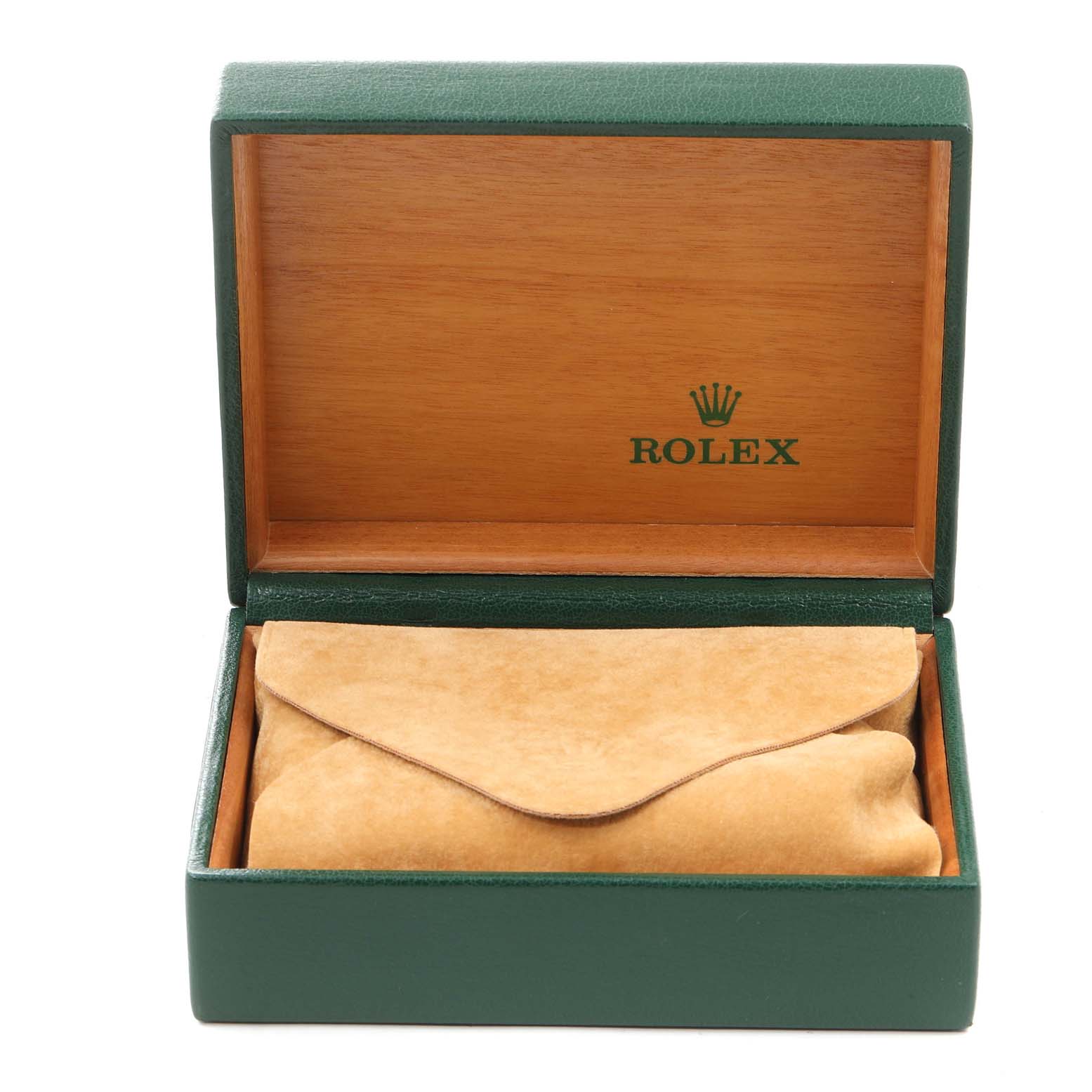 The image shows an open Rolex box with a suede pouch inside, designed for a Mid-Size Rolex model.