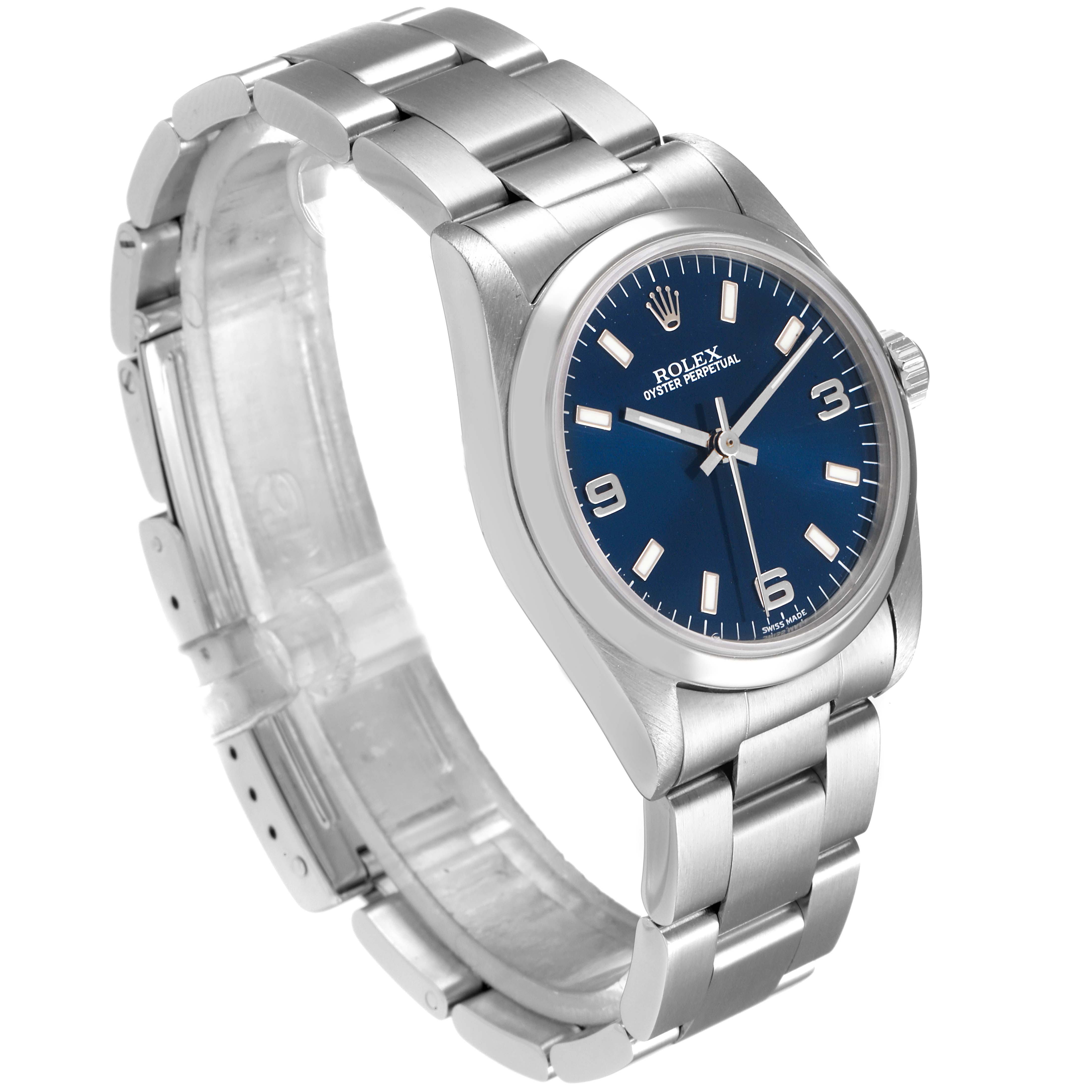 This image shows a Mid-Size Rolex Oyster Perpetual watch from a three-quarter angle, displaying the dial, casing, and bracelet.