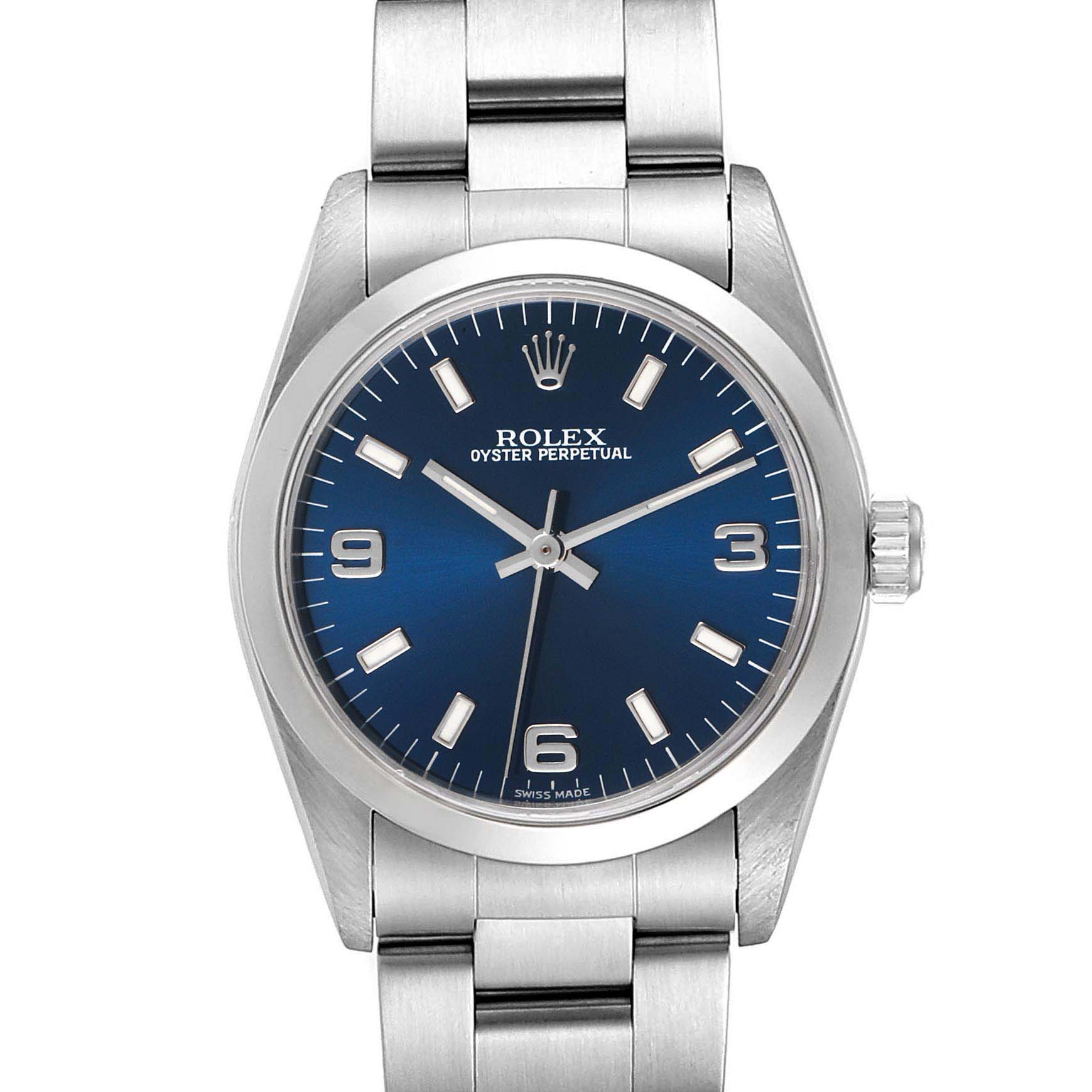 This image shows the front view of a Rolex Mid-Size 67480 Women
s Stainless Steel Blue Dial 67480 Women
s Stainless Steel Blue Dial Oyster Perpetual watch, displaying the dial, bezel, and part of the bracelet.