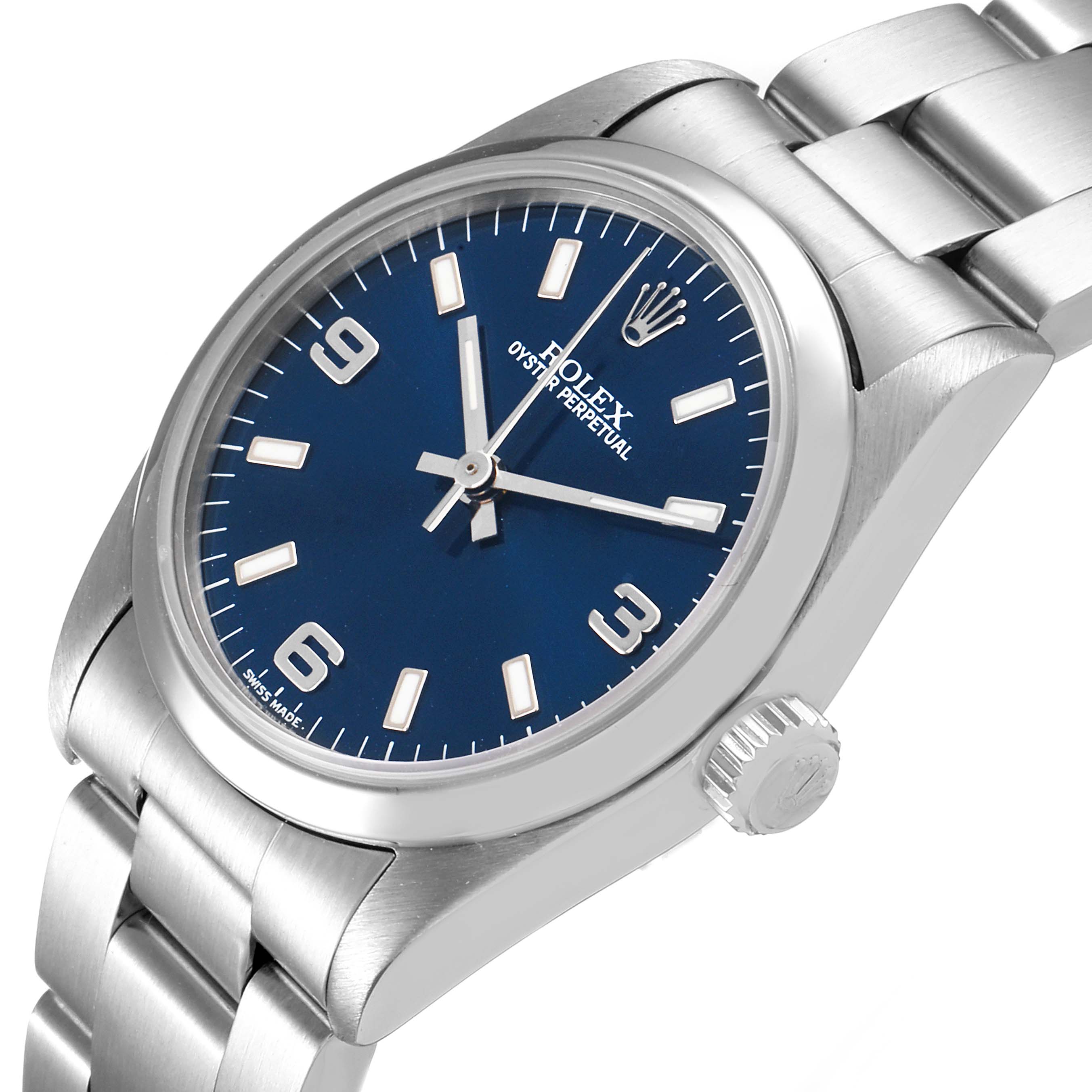 This image shows a partial side angle of a Rolex Mid-Size 67480 Women
s Stainless Steel Blue Dial 67480 Women
s Stainless Steel Blue Dial model, focusing on the dial, bezel, crown, and bracelet.
