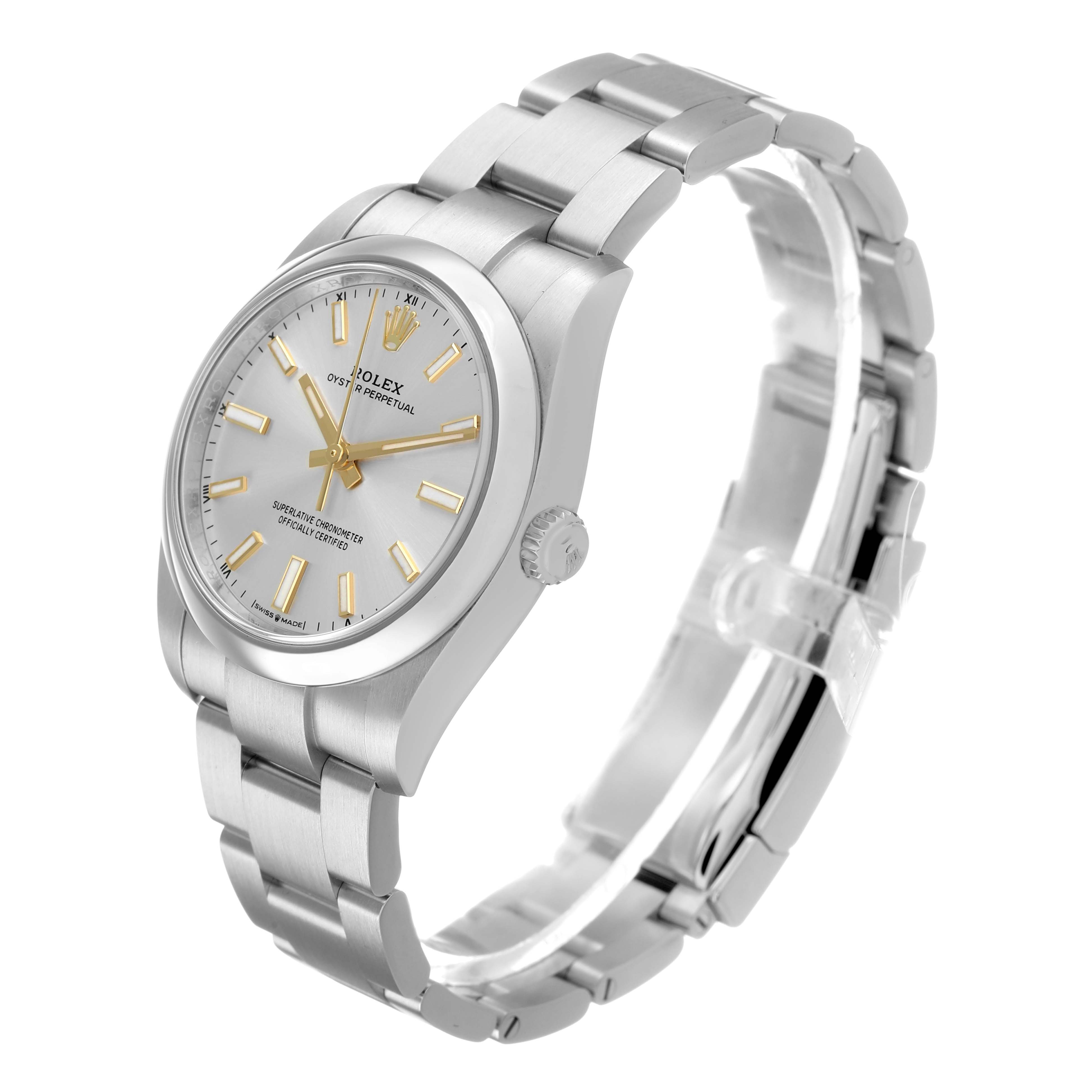 The Rolex Oyster Perpetual 124200 Men's Stainless Steel Silver Dial watch is shown at a side angle highlighting the face, bezel, case, and bracelet.