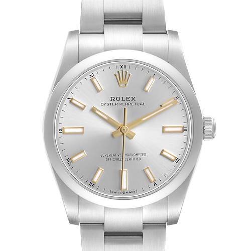 The Rolex Oyster Perpetual 124200 Men's Stainless Steel Silver Dial watch is shown from a front angle, highlighting the dial, hands, markers, and part of the bracelet.