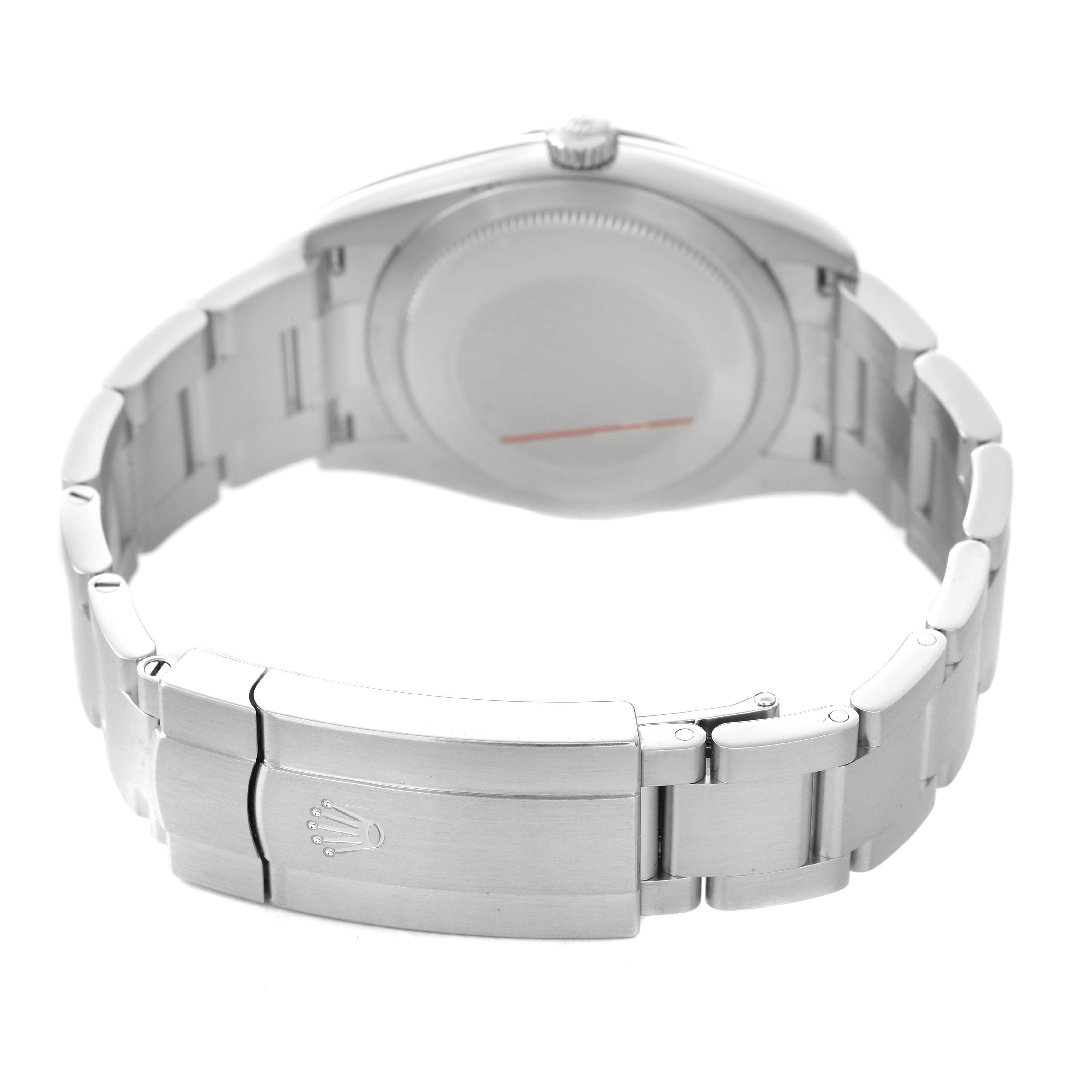 This image shows the back and bracelet clasp of the Rolex Oyster Perpetual 124200 Men's Stainless Steel Silver Dial watch.