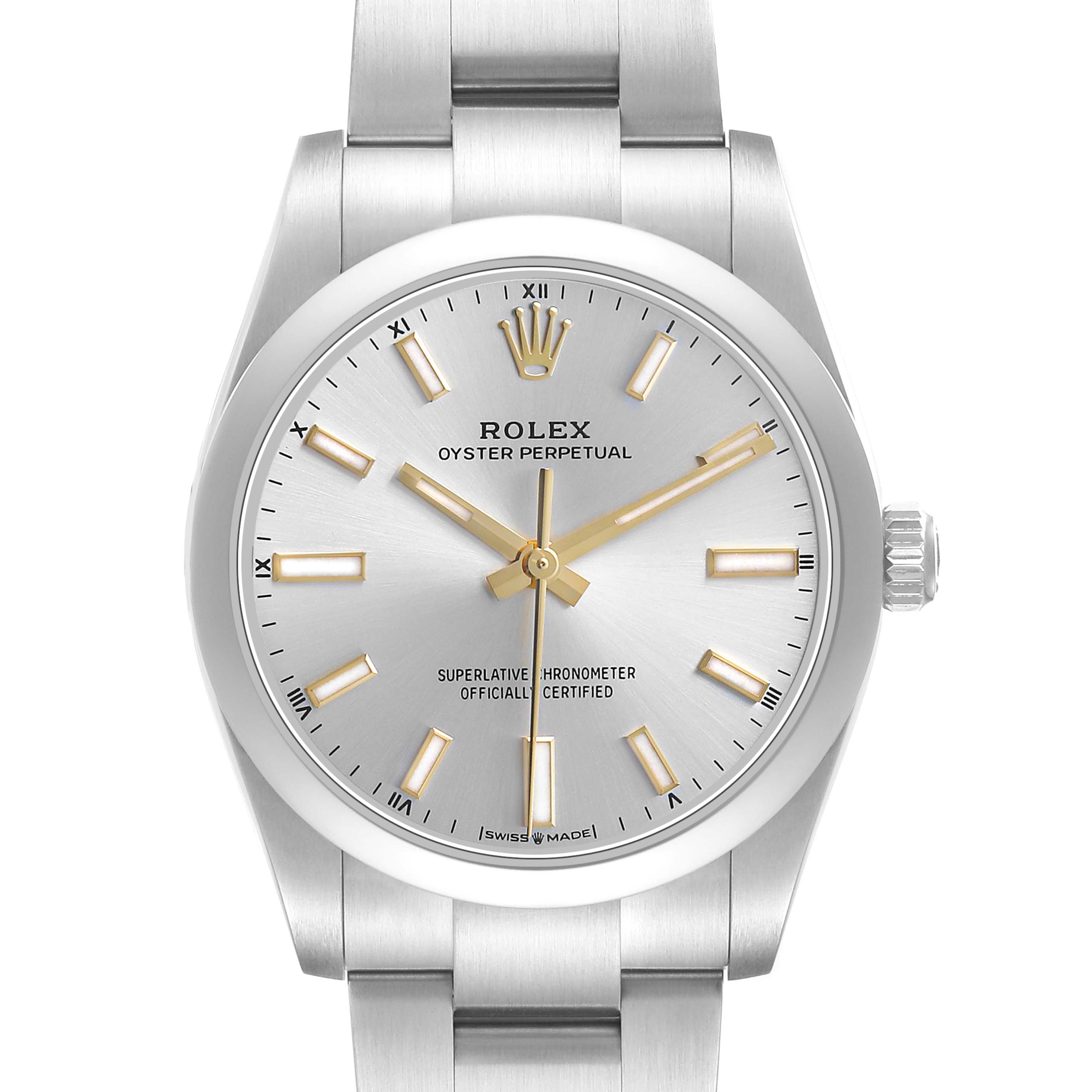 The Rolex Oyster Perpetual 124200 Men's Stainless Steel Silver Dial watch is shown from a front angle, displaying the dial, hands, hour markers, and part of the bracelet.