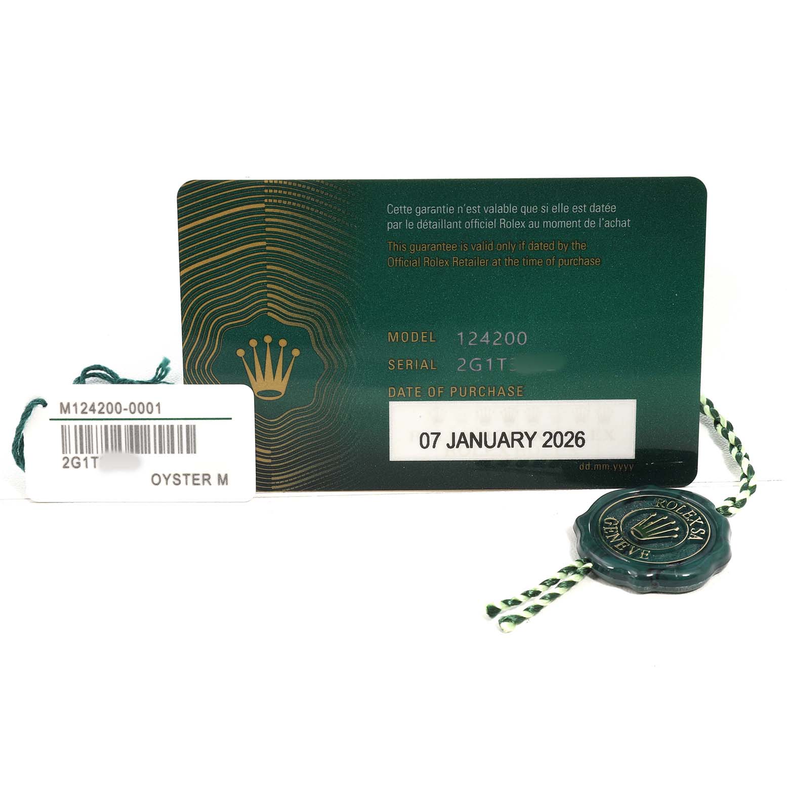The image shows a warranty card, tag, and seal for the Rolex Oyster Perpetual 124200 Men's Stainless Steel Silver Dial model.