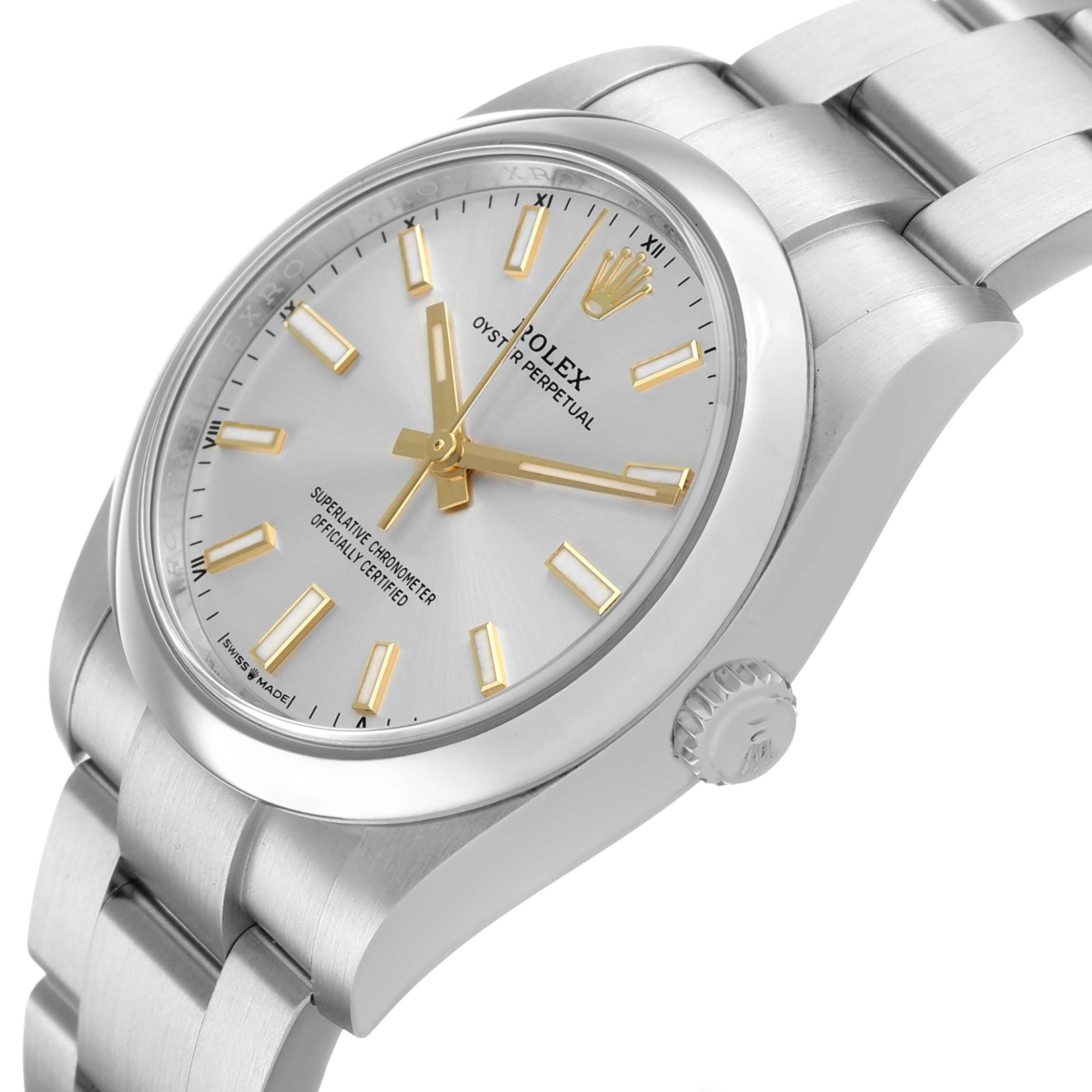 The Rolex Oyster Perpetual 124200 Men's Stainless Steel Silver Dial watch is shown at a slight side angle, highlighting the dial, bracelet, and crown.
