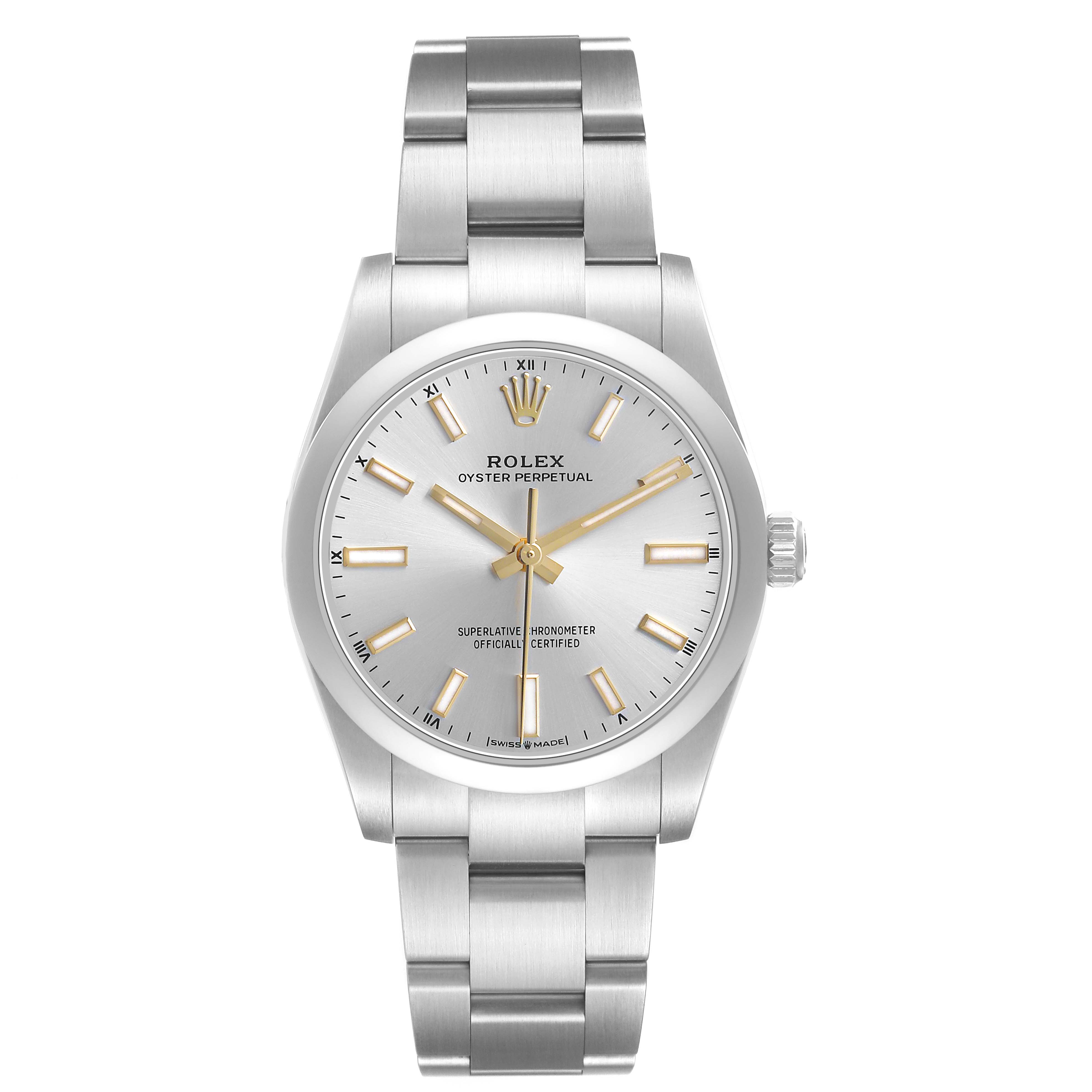 The Rolex Oyster Perpetual 124200 Men's Stainless Steel Silver Dial watch is shown from a top-down angle, displaying the dial, bracelet, and crown.