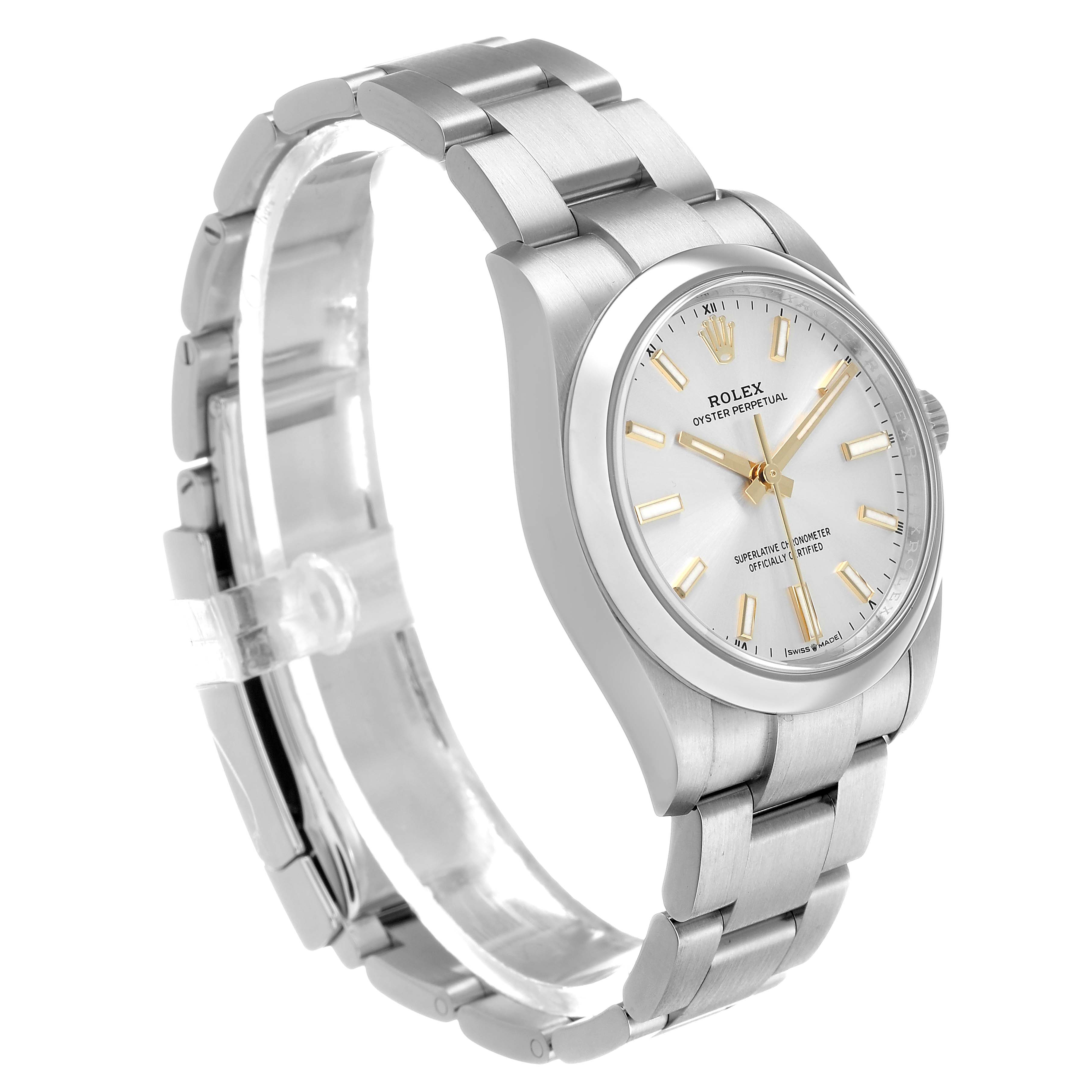 The Rolex Oyster Perpetual 124200 Men's Stainless Steel Silver Dial watch is shown from a three-quarter angle, highlighting its face, bezel, and bracelet.