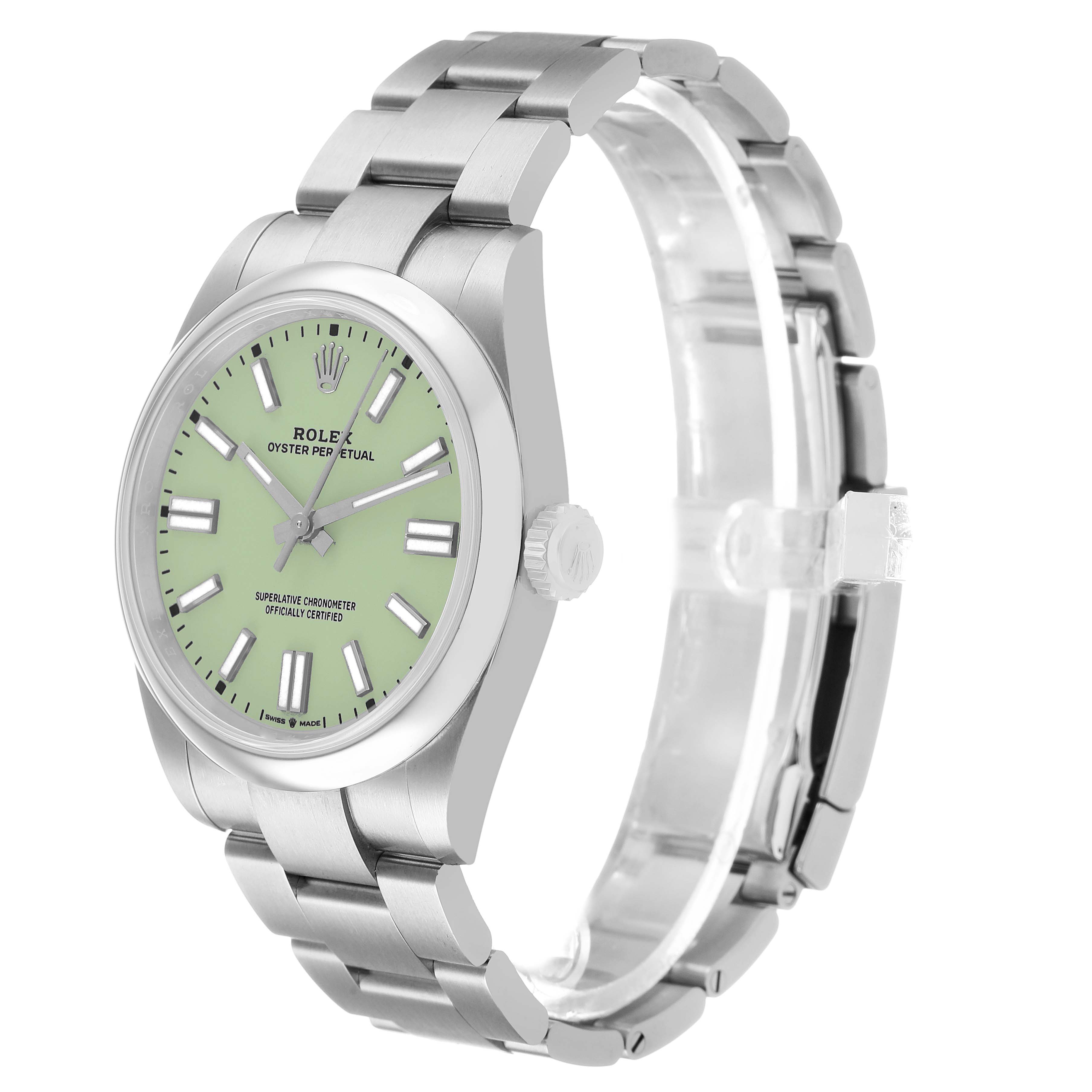 The Rolex Oyster Perpetual 134300 Men's Stainless Steel Green Dial watch is shown at a three-quarter angle, displaying the dial, bezel, crown, and bracelet.