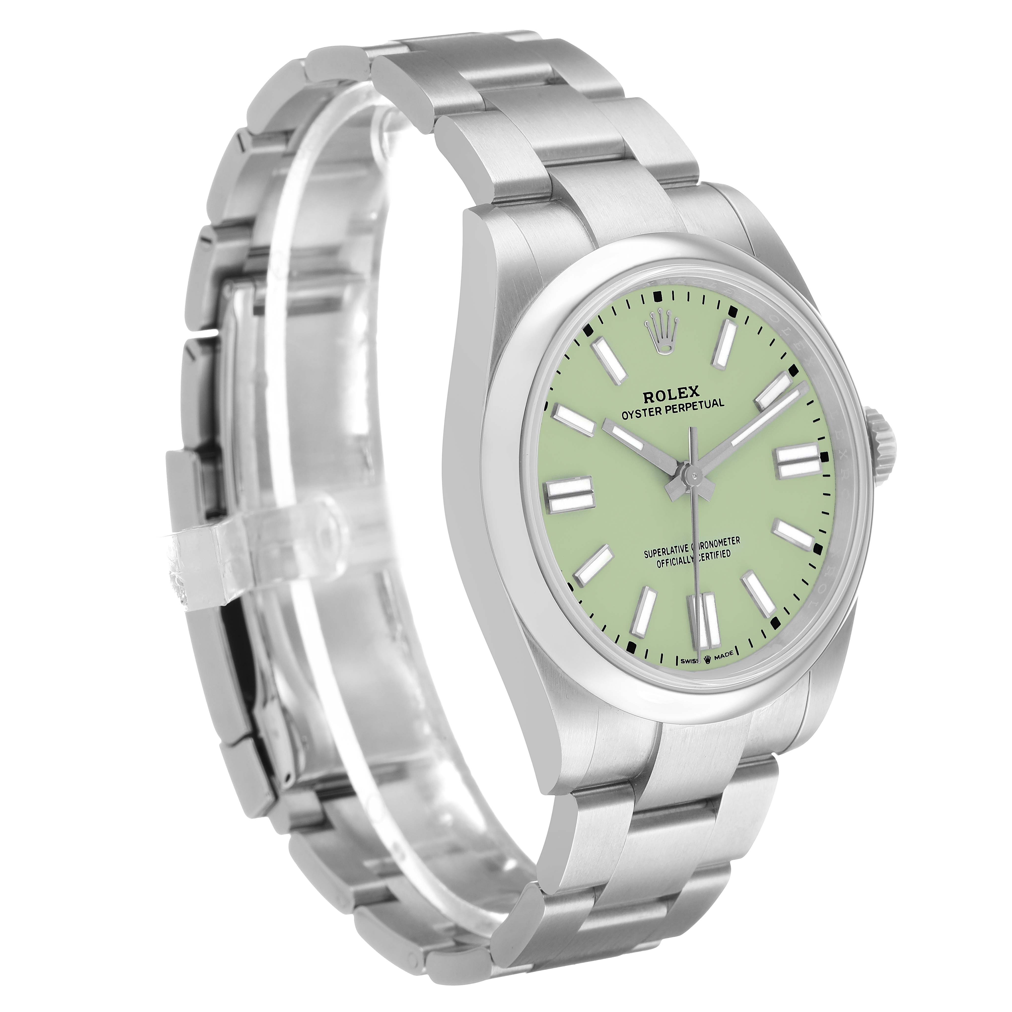The Rolex Oyster Perpetual 134300 Men's Stainless Steel Green Dial watch is shown at a three-quarter angle, highlighting the face, bezel, and bracelet.