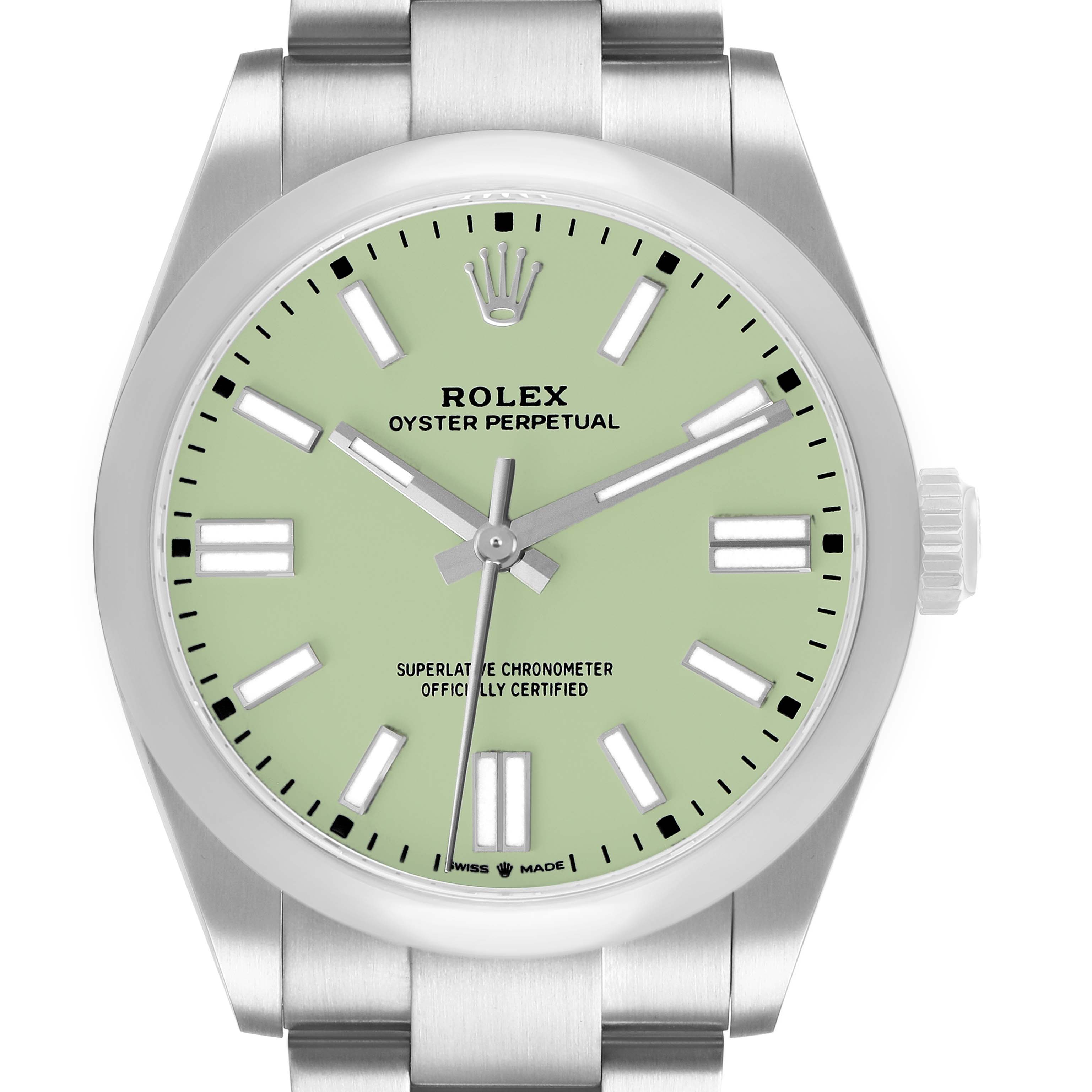 The Rolex Oyster Perpetual 134300 Men's Stainless Steel Green Dial watch is shown from a front angle, displaying the full dial, hands, markers, and part of the bracelet.
