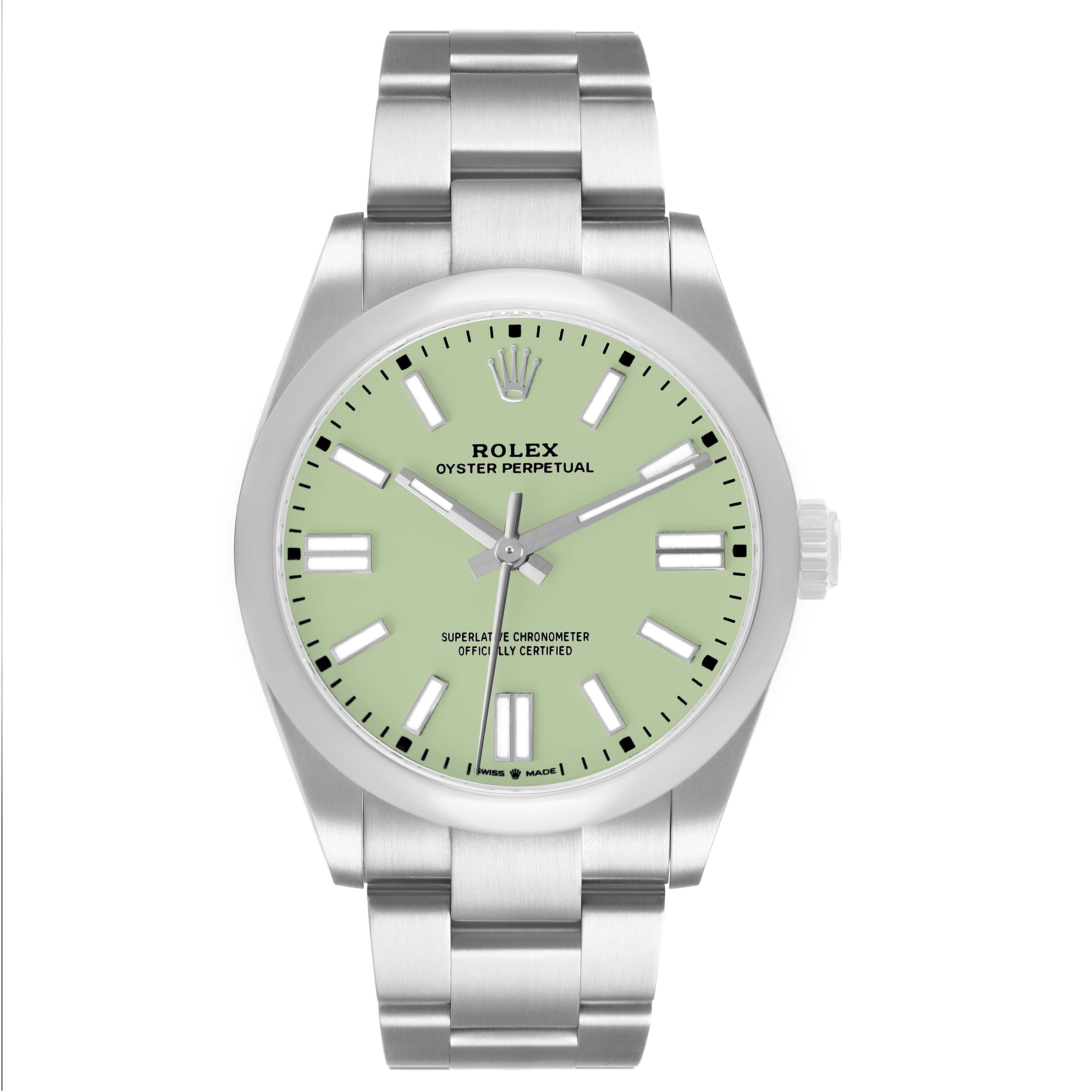 The Rolex Oyster Perpetual 134300 Men's Stainless Steel Green Dial watch is shown from a front angle, highlighting the green dial, hour markers, and stainless steel bracelet.