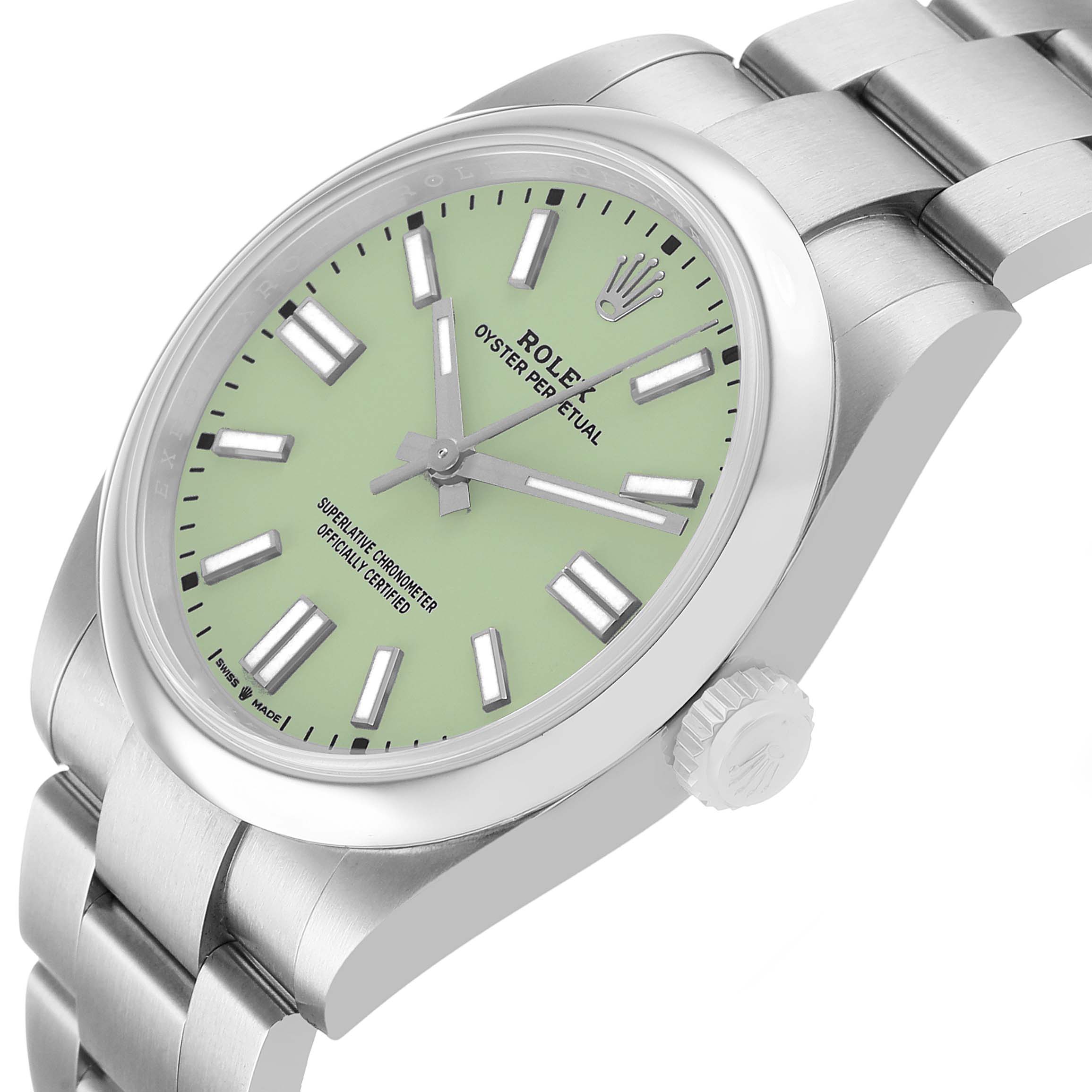 The Rolex Oyster Perpetual 134300 Men's Stainless Steel Green Dial watch is shown at a three-quarters angle, highlighting the mint green dial, bezel, and part of the bracelet.