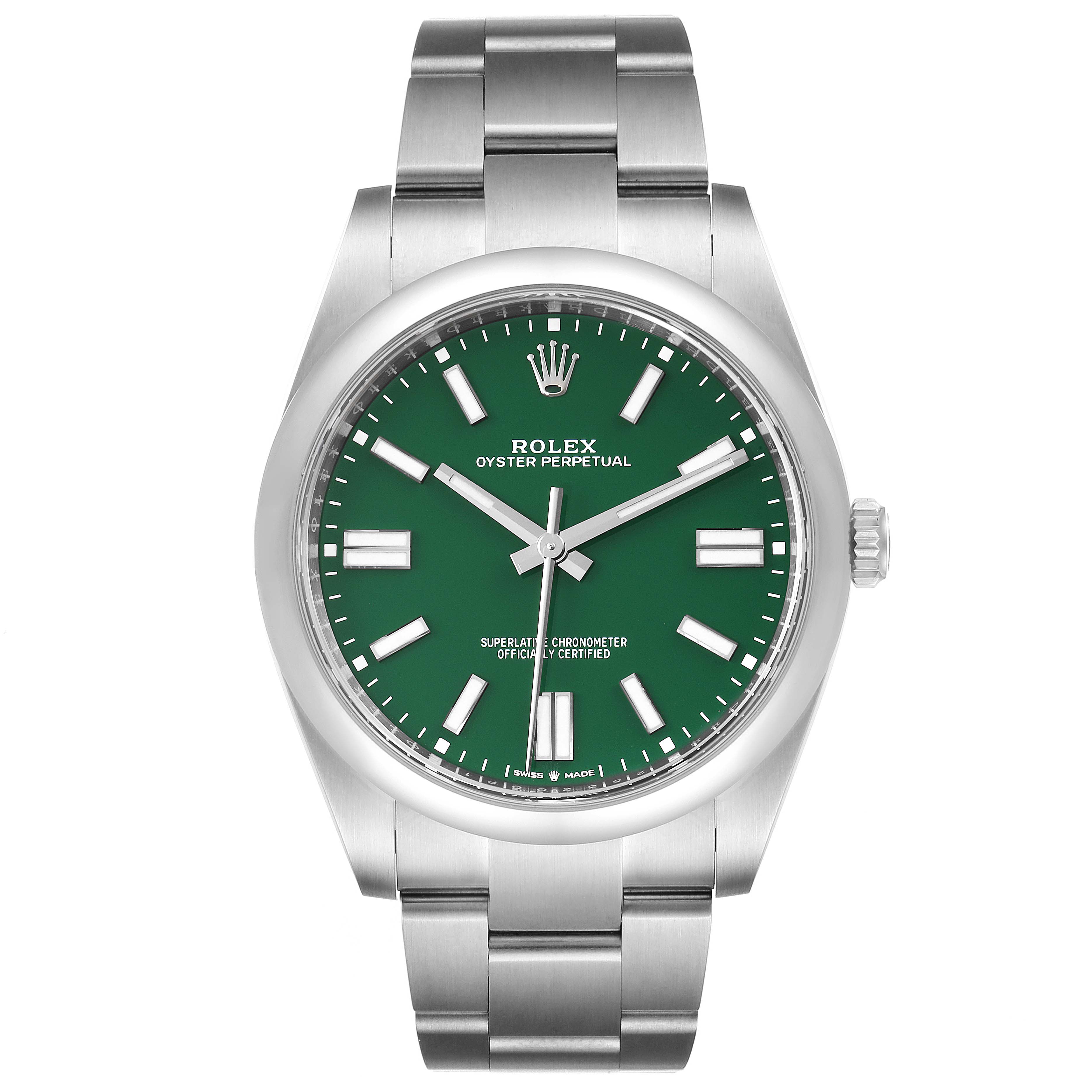 The image shows a front view of a Rolex Oyster Perpetual 124300 Men
s Stainless Steel Green Dial 124300 Men
s Stainless Steel Green Dial watch with a green dial and a silver metal bracelet.