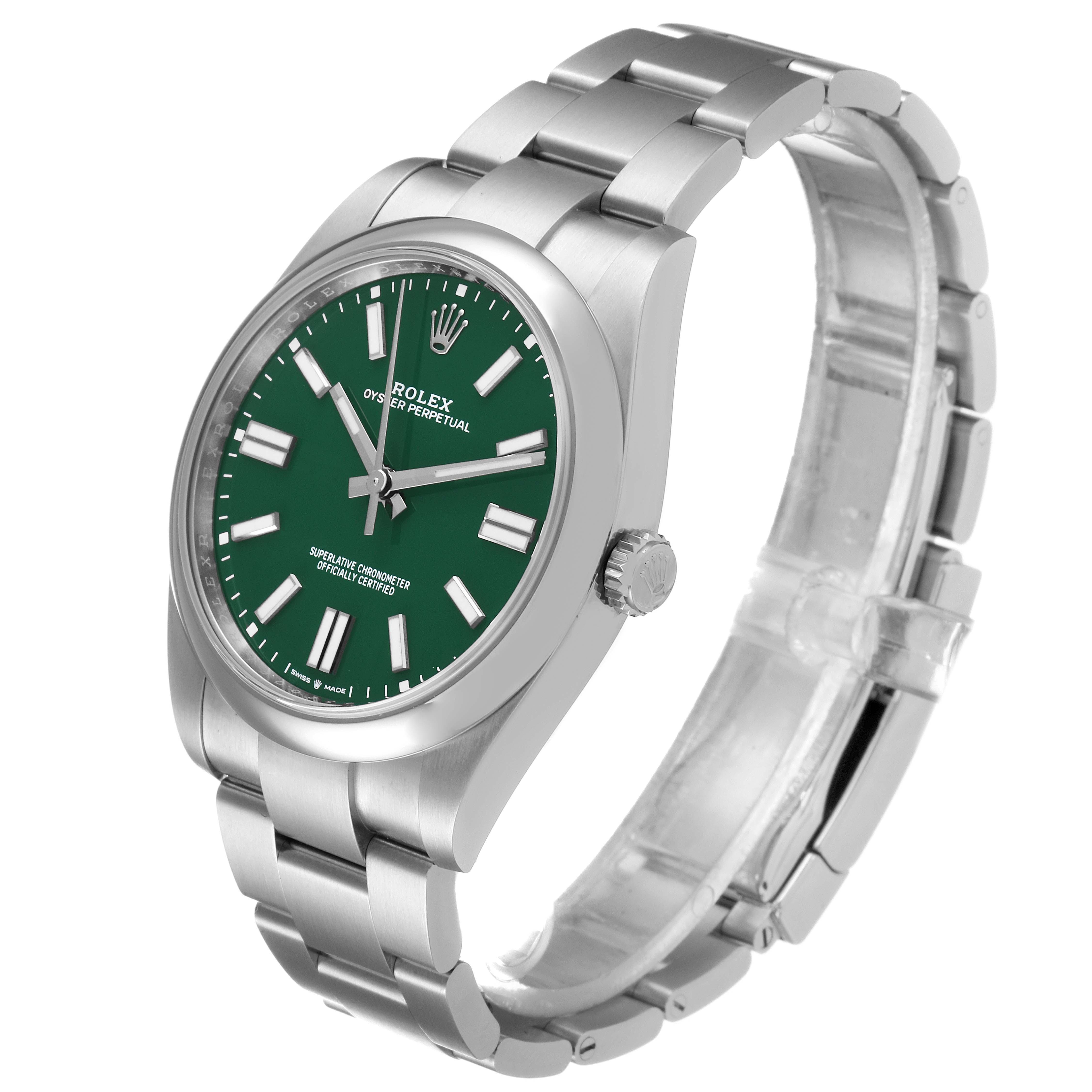 The image shows a Rolex Oyster Perpetual 124300 Men
s Stainless Steel Green Dial 124300 Men
s Stainless Steel Green Dial watch at a three-quarter angle, highlighting the dial, case, bracelet, and crown.