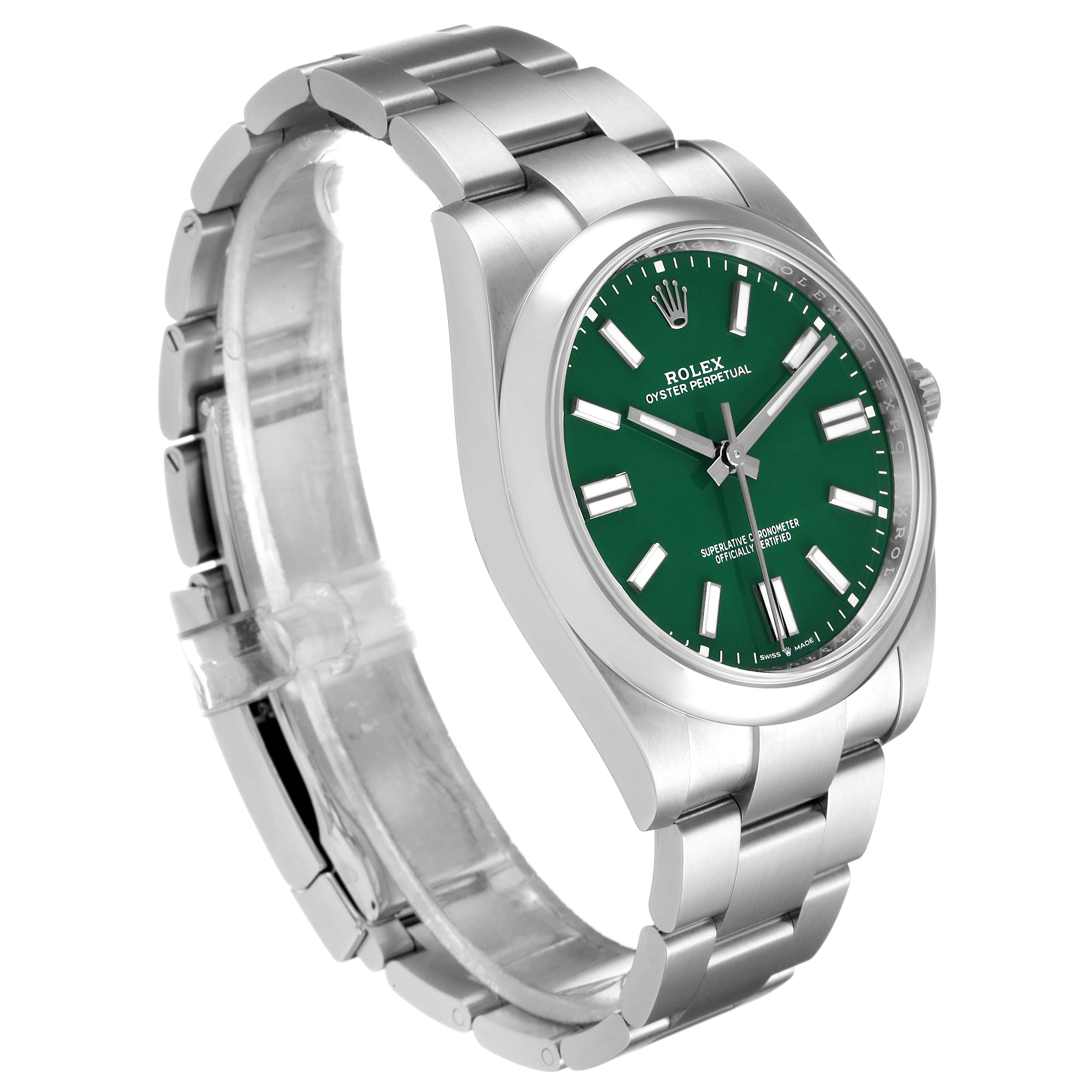 The image shows a side and front view of a Rolex Oyster Perpetual 124300 Men
s Stainless Steel Green Dial 124300 Men
s Stainless Steel Green Dial watch with a green dial and stainless steel bracelet.