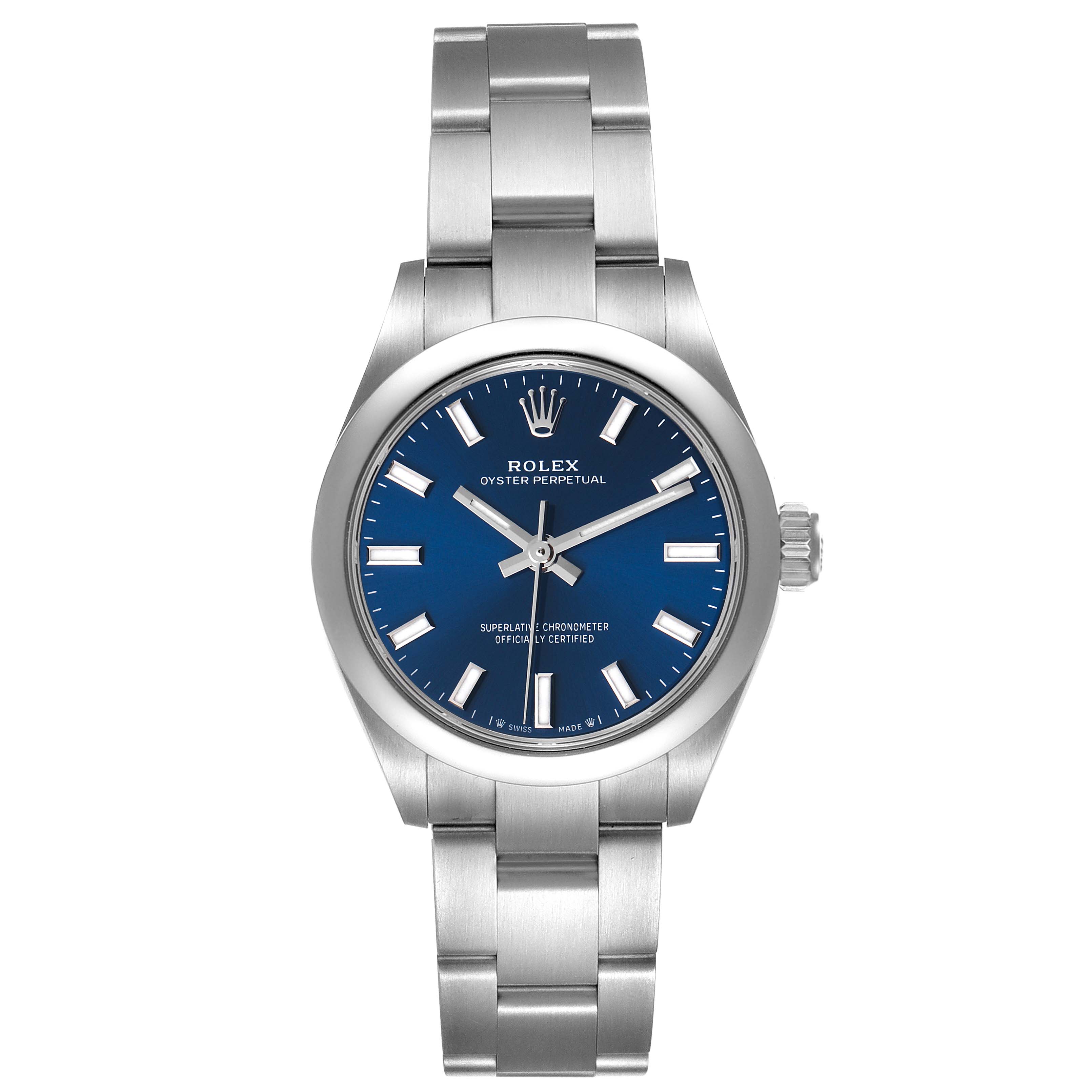 This image shows a front view of the Rolex Oyster Perpetual 276200 Women's Stainless Steel Blue Dial 276200 Women's Stainless Steel Blue Dial watch, highlighting its blue dial, bezel, and stainless steel bracelet.
