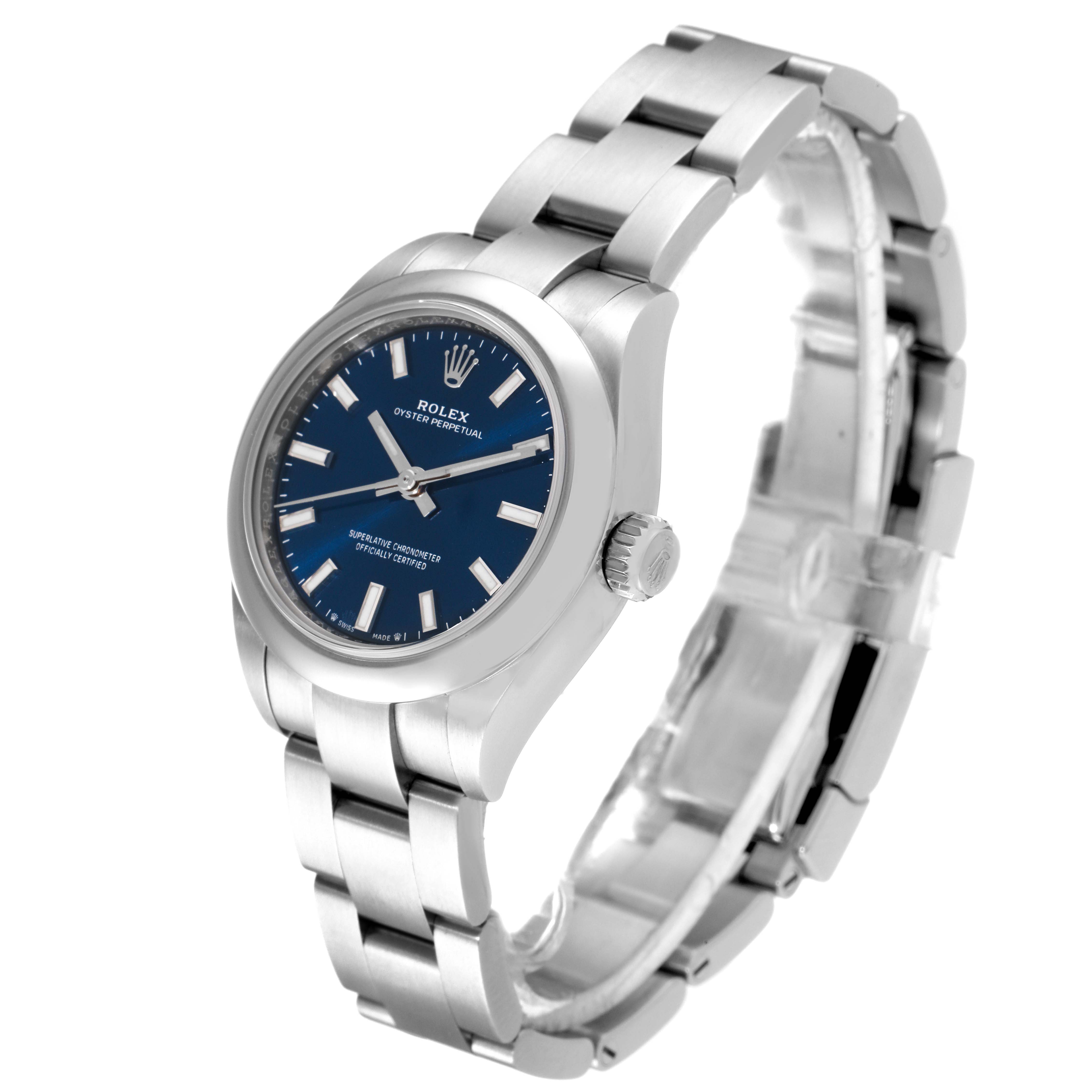 The Rolex Oyster Perpetual 276200 Women's Stainless Steel Blue Dial 276200 Women's Stainless Steel Blue Dial watch is shown at a slight angle, displaying the dial, case, and metal bracelet.
