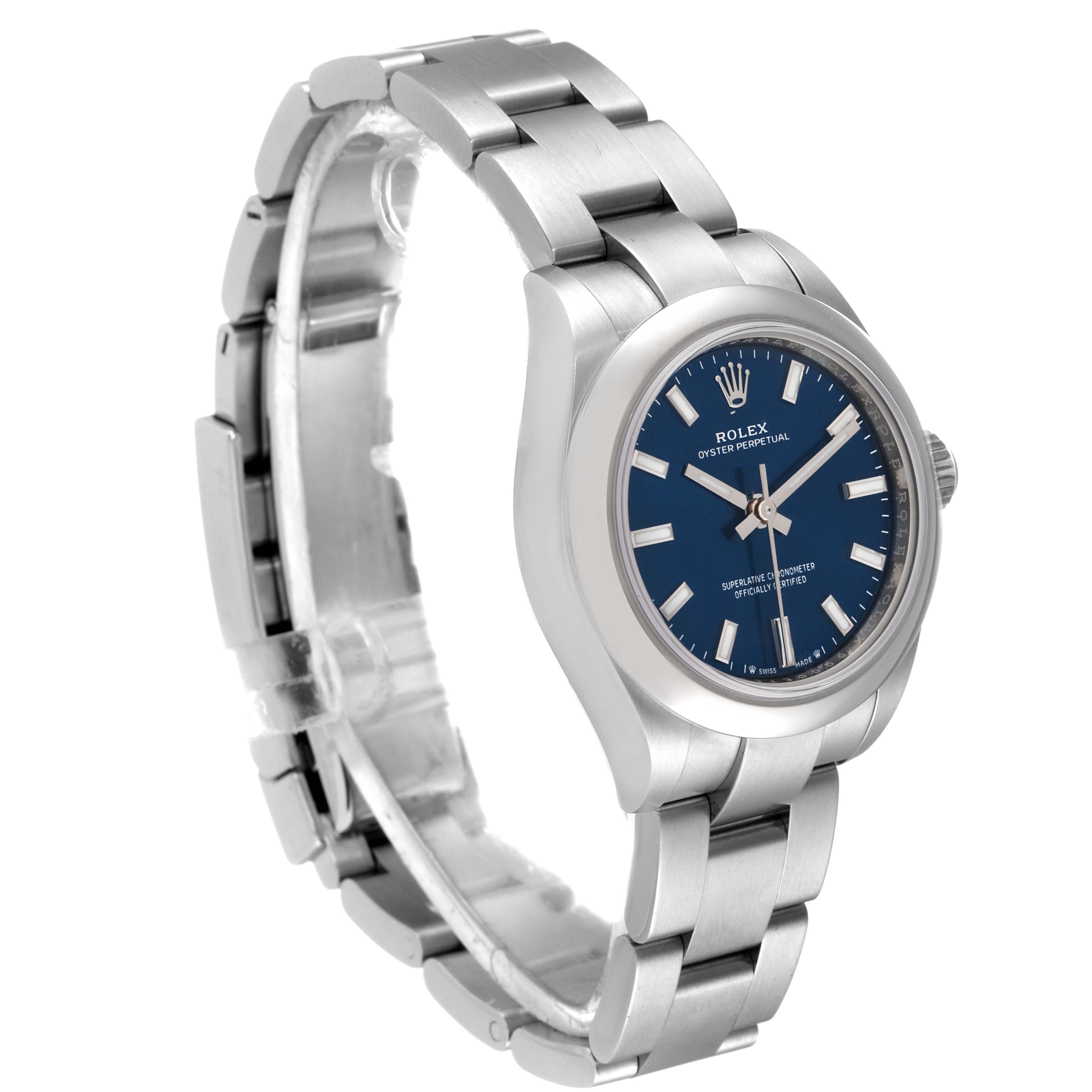 The image shows a side angle of a Rolex Oyster Perpetual 276200 Women's Stainless Steel Blue Dial 276200 Women's Stainless Steel Blue Dial watch, highlighting the bracelet, case, and blue dial.