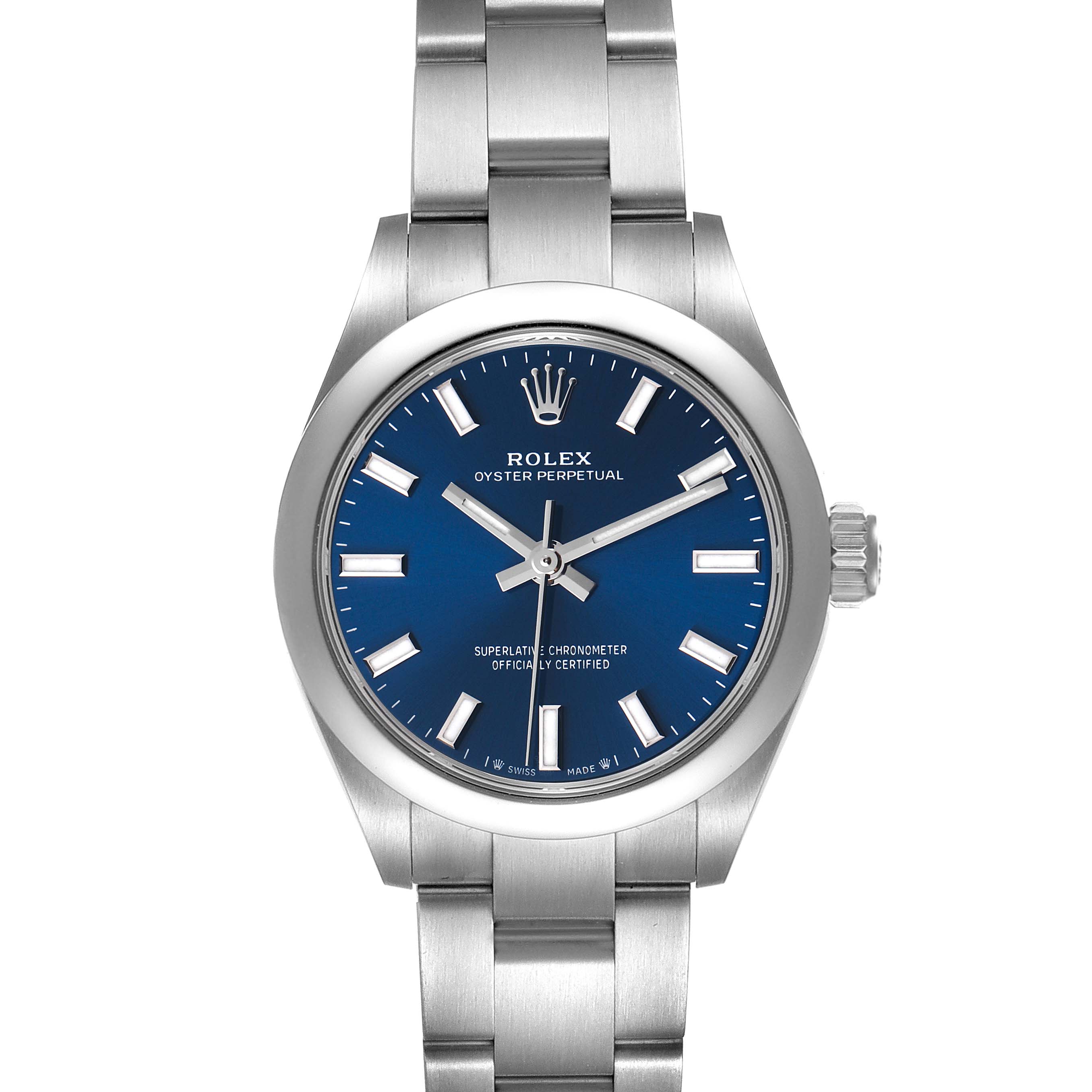 This image shows a Rolex Oyster Perpetual 276200 Women's Stainless Steel Blue Dial 276200 Women's Stainless Steel Blue Dial watch from the front, displaying the dial, bezel, and part of the bracelet.