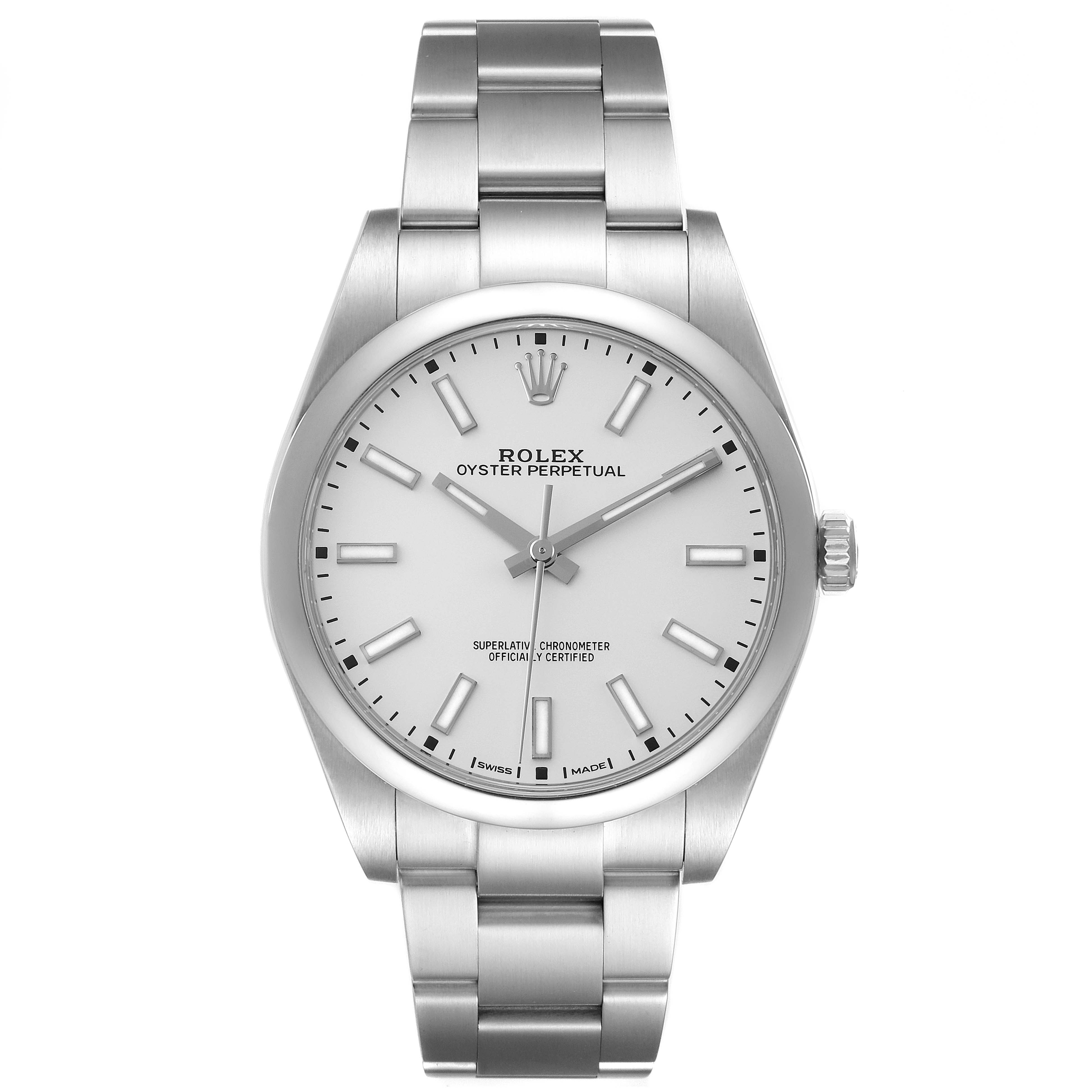 The image shows a front view of the Rolex Oyster Perpetual 114300 Men's Stainless Steel Silver Dial 114300 Men's Stainless Steel Silver Dial watch, displaying the dial, hands, crown, and bracelet.