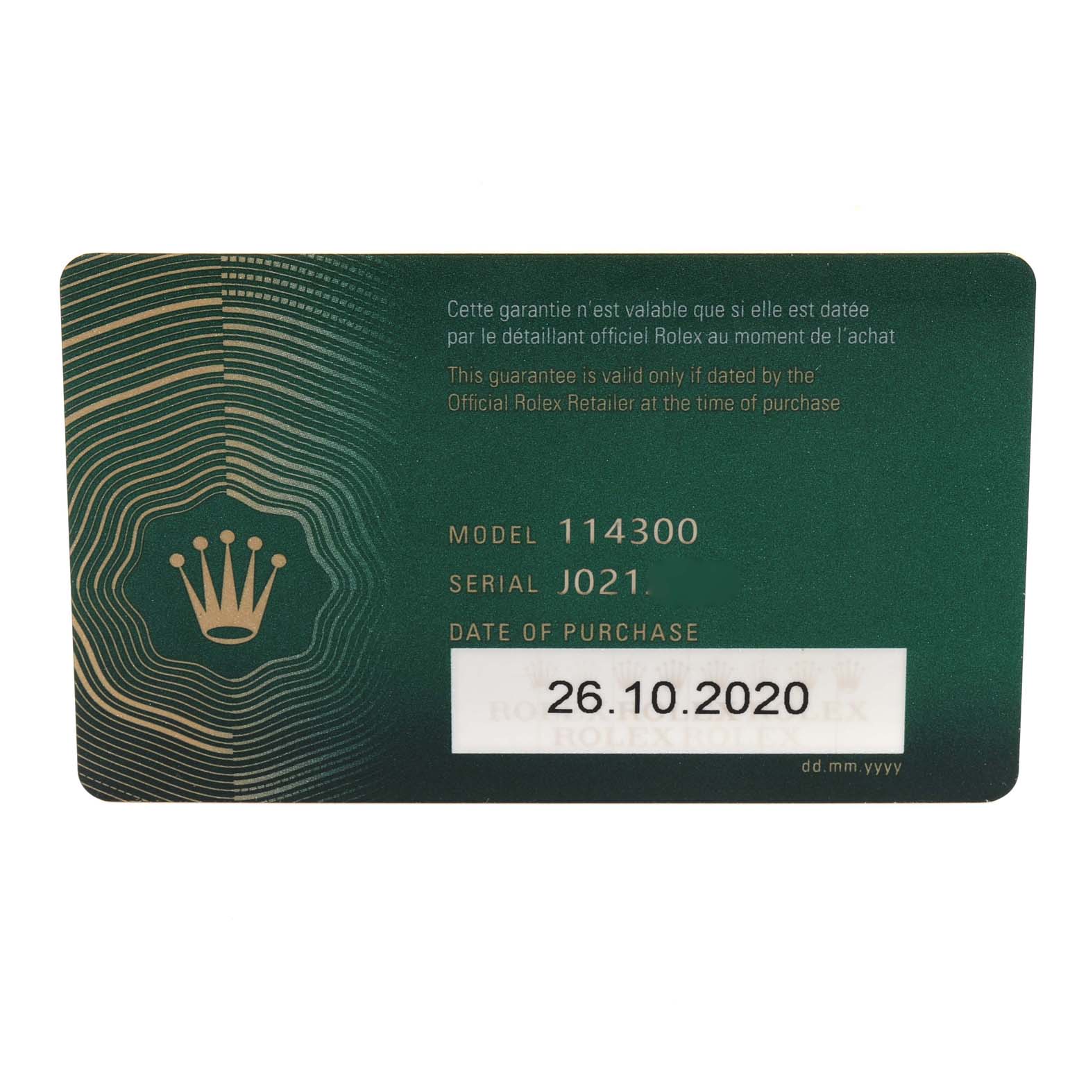 This image shows a warranty card for the Rolex Oyster Perpetual 114300 Men's Stainless Steel Silver Dial 114300 Men's Stainless Steel Silver Dial, Model 114300, with the purchase date of 26.10.2020.