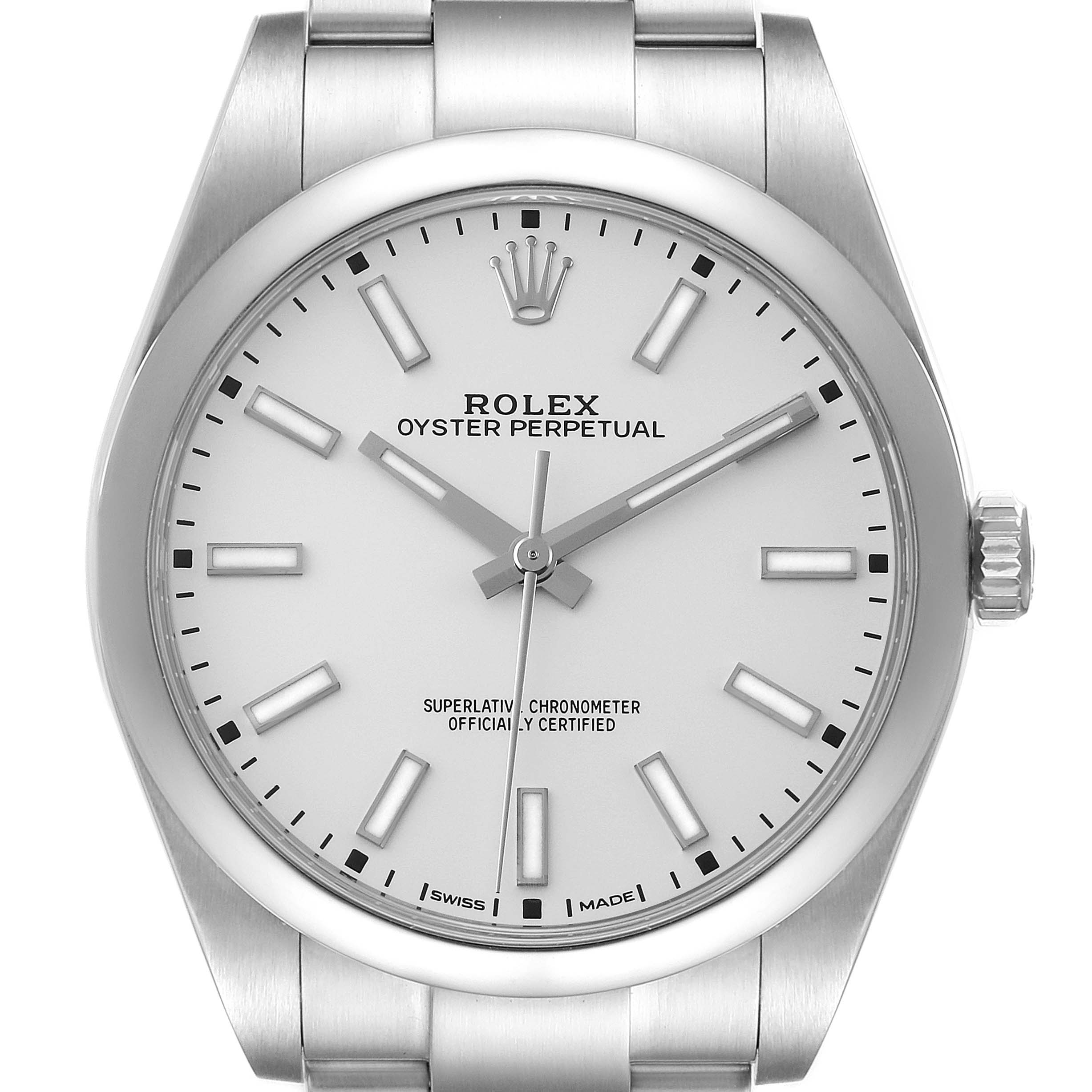 The image shows a front view of a Rolex Oyster Perpetual 114300 Men's Stainless Steel Silver Dial 114300 Men's Stainless Steel Silver Dial watch, displaying the dial, hands, crown, and part of the bracelet.