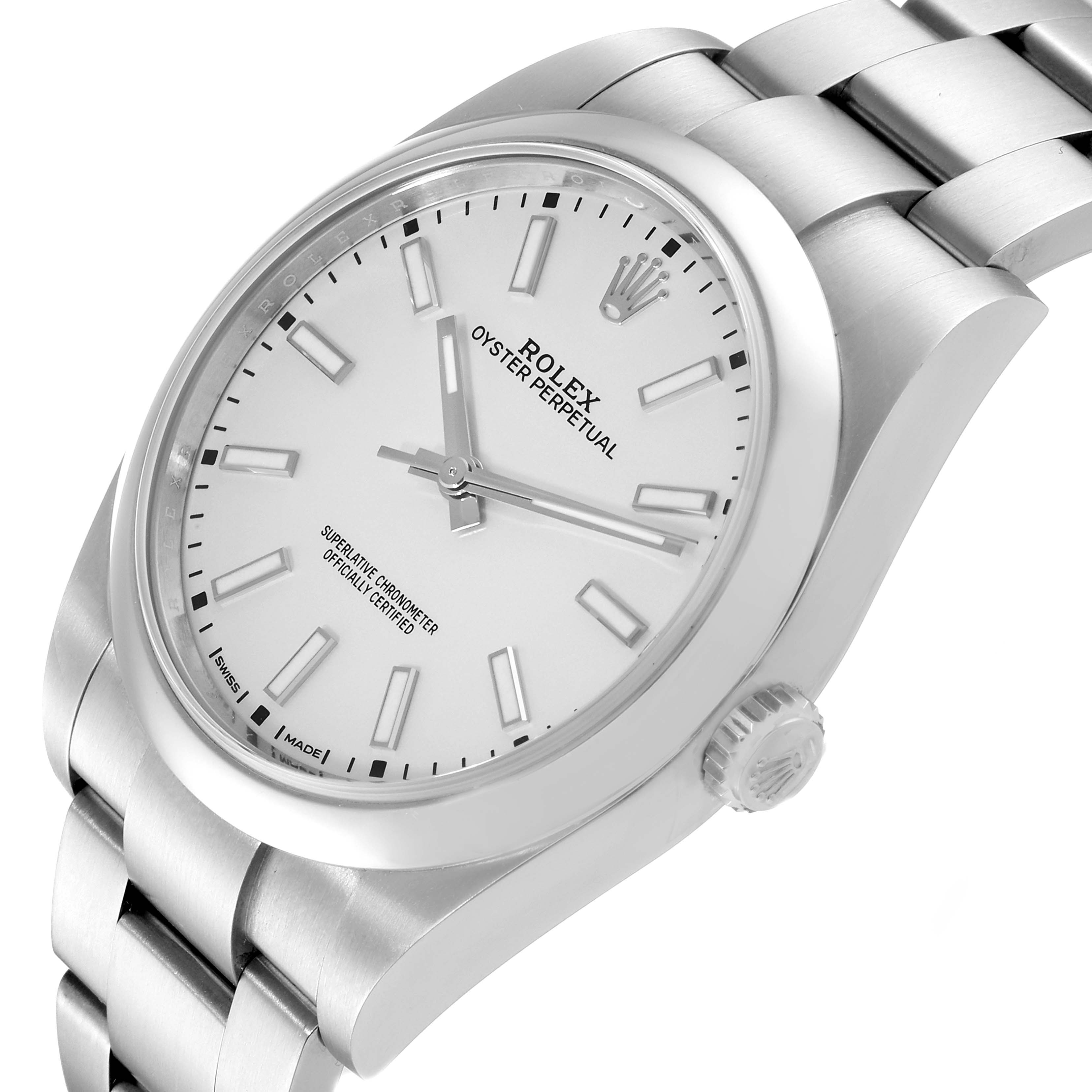 The Rolex Oyster Perpetual 114300 Men's Stainless Steel Silver Dial 114300 Men's Stainless Steel Silver Dial watch is shown from a slight side angle, displaying the face, bezel, crown, and part of the bracelet.