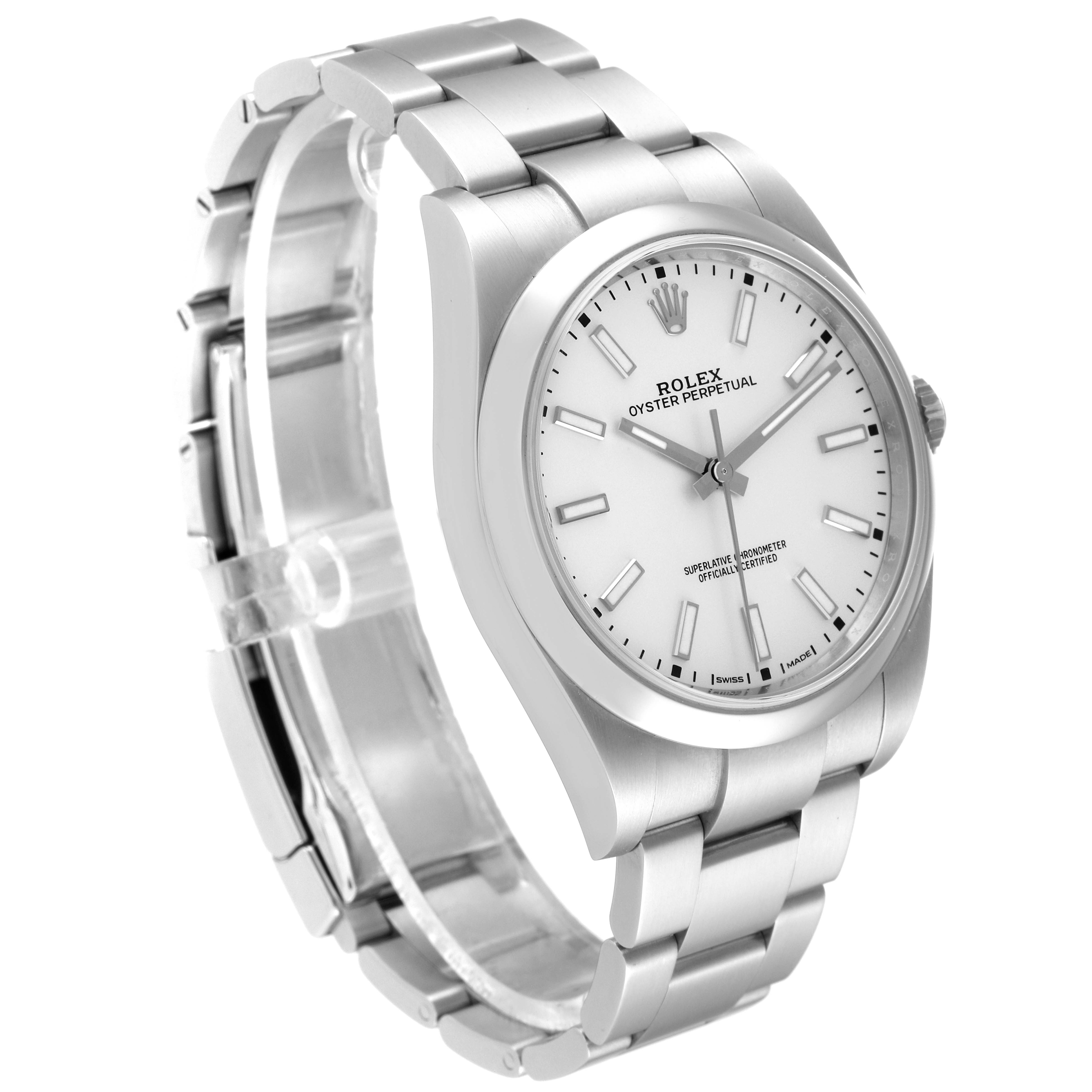 The Rolex Oyster Perpetual 114300 Men's Stainless Steel Silver Dial 114300 Men's Stainless Steel Silver Dial watch is shown at a slight angle, displaying the face, bezel, and bracelet.