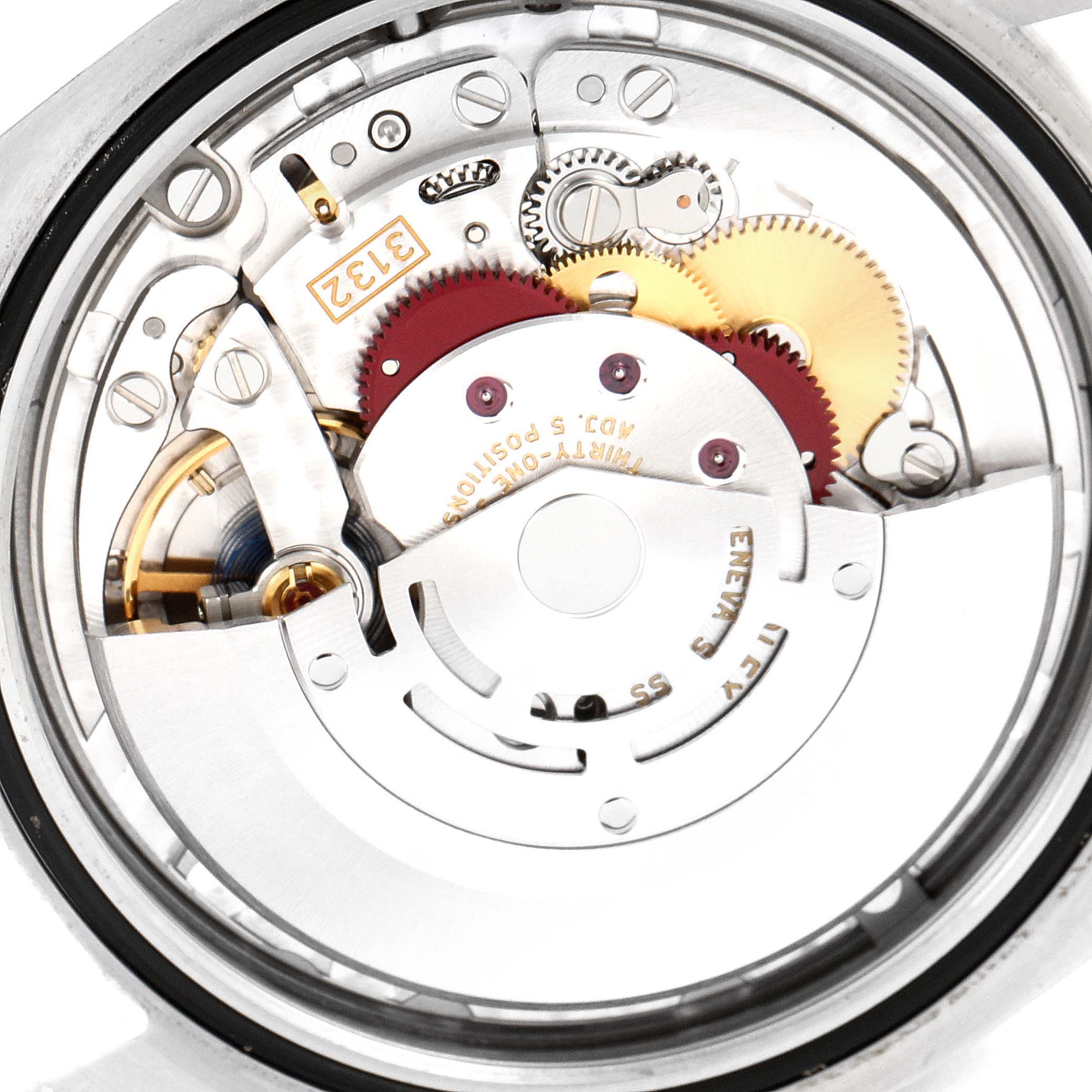 The image shows a close-up view of the internal mechanisms of the Rolex Oyster Perpetual 114300 Men's Stainless Steel Silver Dial 114300 Men's Stainless Steel Silver Dial watch.
