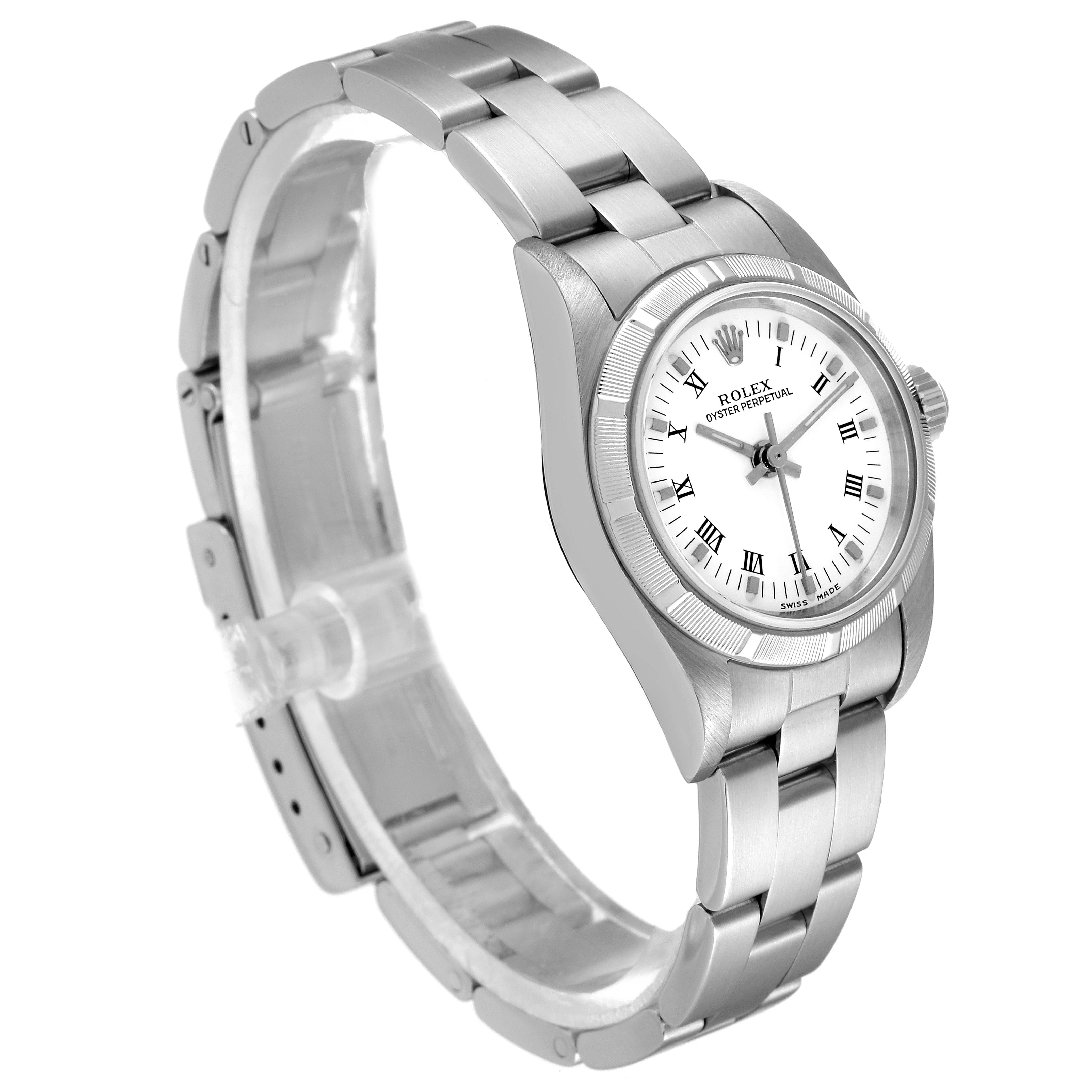 The image shows a side angle of the Rolex Oyster Perpetual 76030 Women
s Stainless Steel White Dial 76030 Women
s Stainless Steel White Dial watch, highlighting its stainless steel bracelet and bezel.