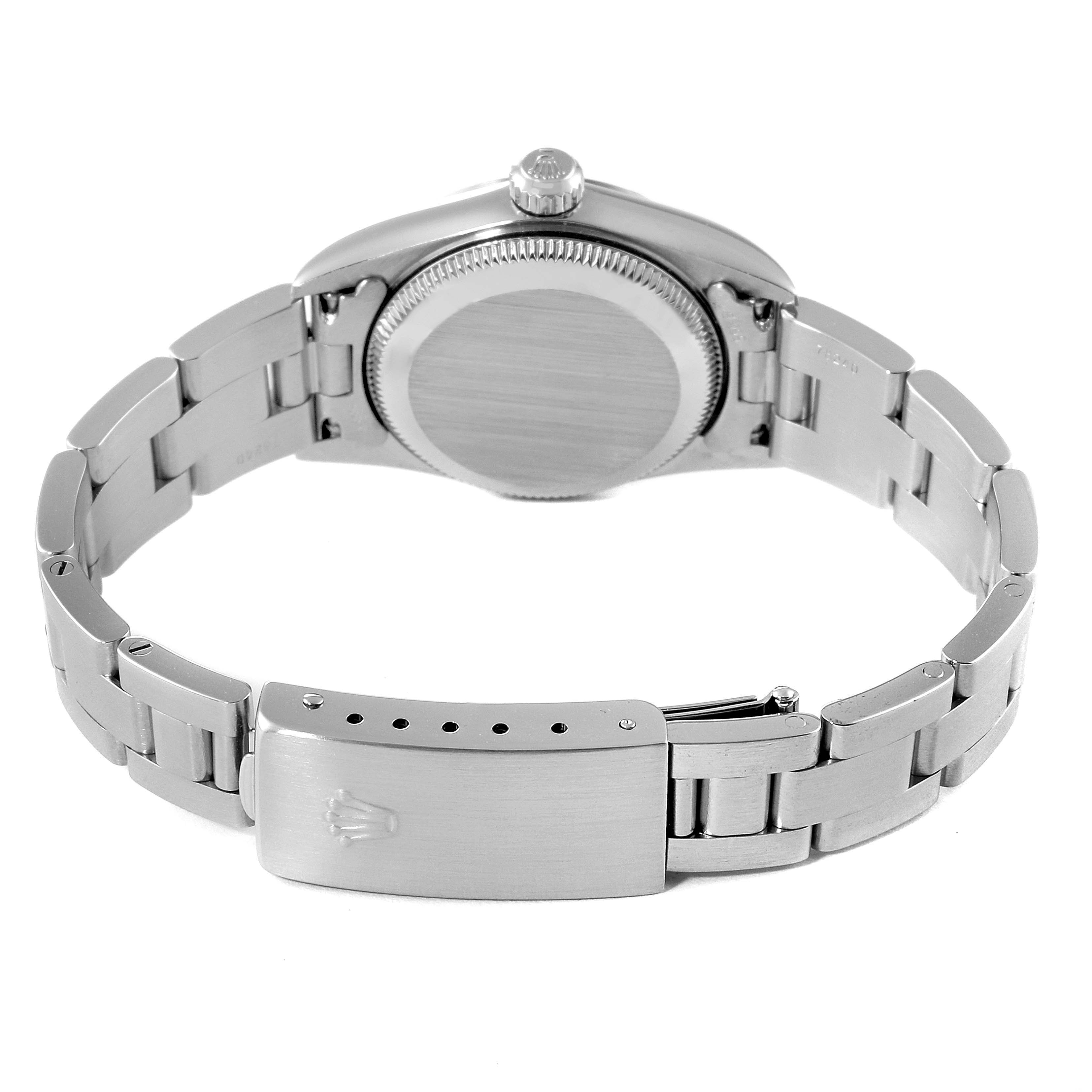 This image shows the back case and bracelet clasp of a Rolex Oyster Perpetual 76030 Women
s Stainless Steel White Dial 76030 Women
s Stainless Steel White Dial watch at a rear angle.
