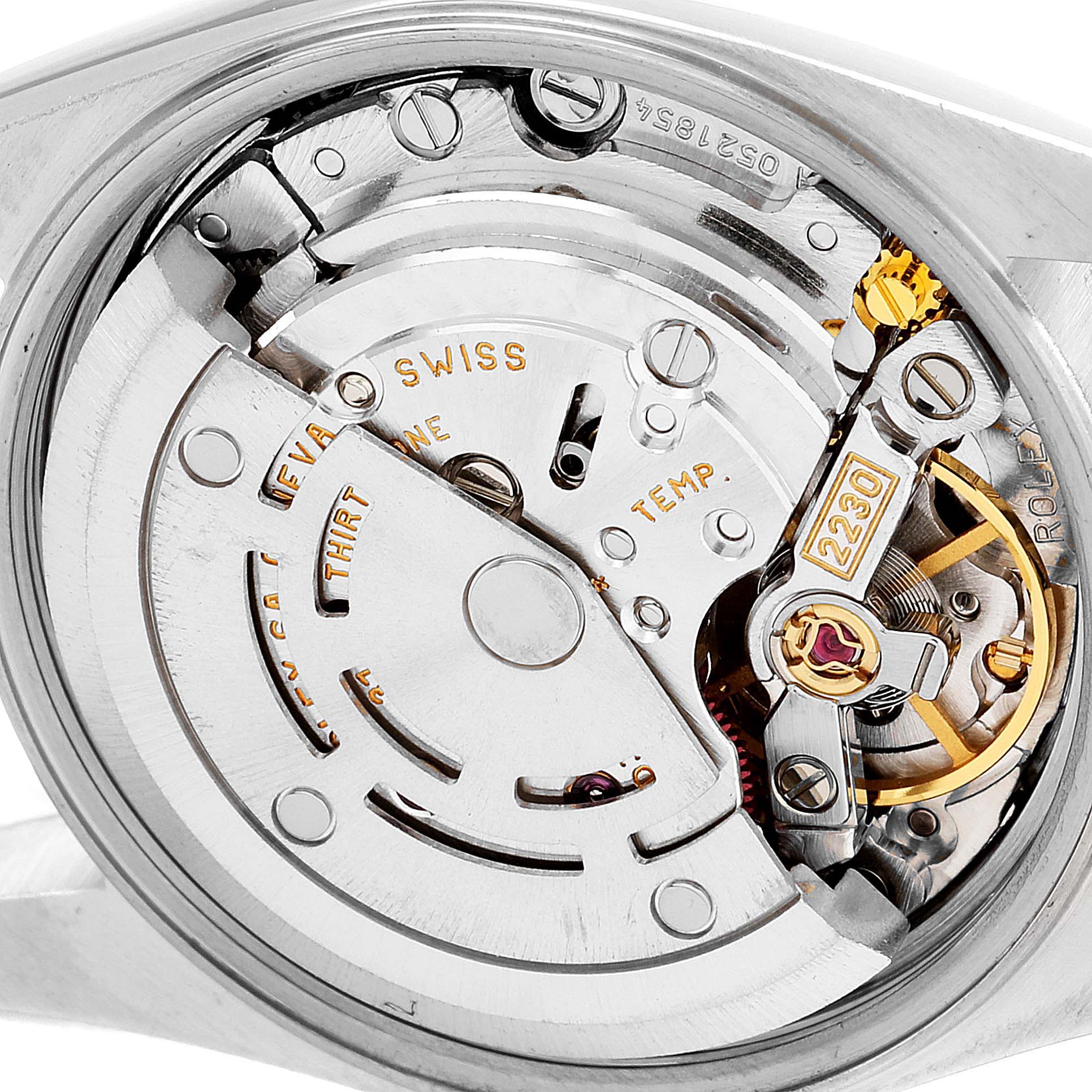 This is a close-up view of the movement mechanism inside a Rolex Oyster Perpetual 76030 Women
s Stainless Steel White Dial 76030 Women
s Stainless Steel White Dial watch.