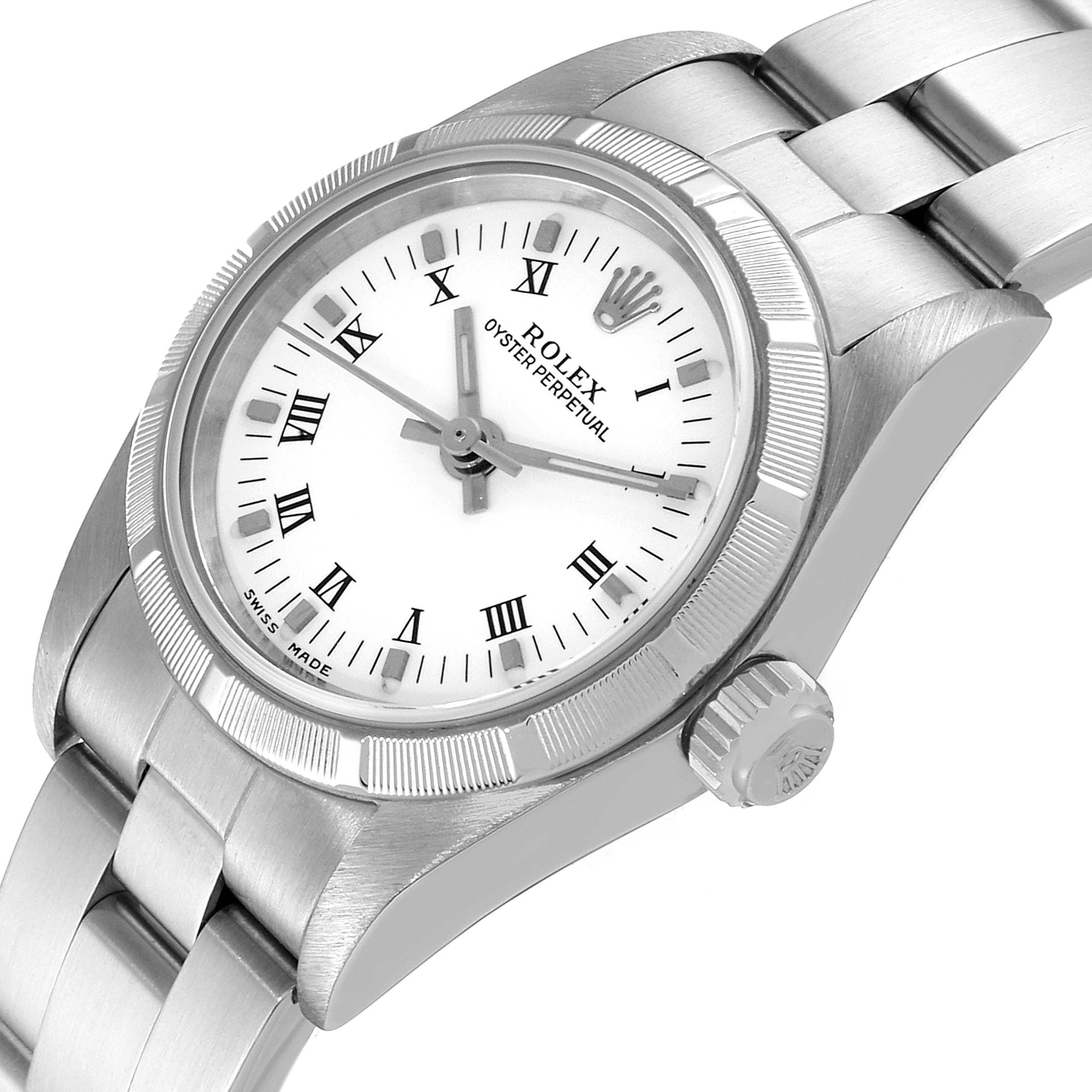 The image shows the face, bezel, and part of the band of a Rolex Oyster Perpetual 76030 Women
s Stainless Steel White Dial 76030 Women
s Stainless Steel White Dial watch from an angled perspective.