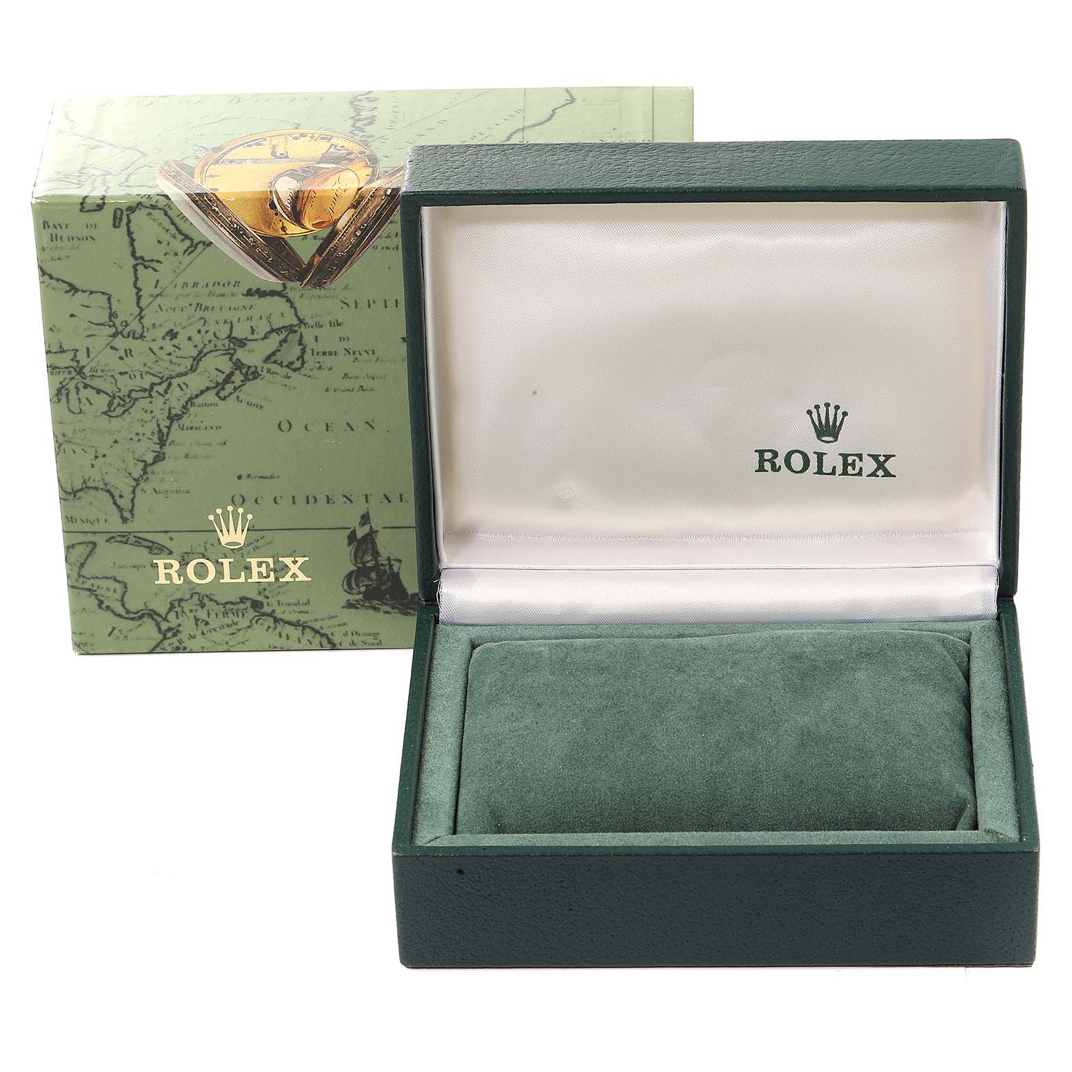 The image shows a green Rolex box and outer case packaging for the Oyster Perpetual model.