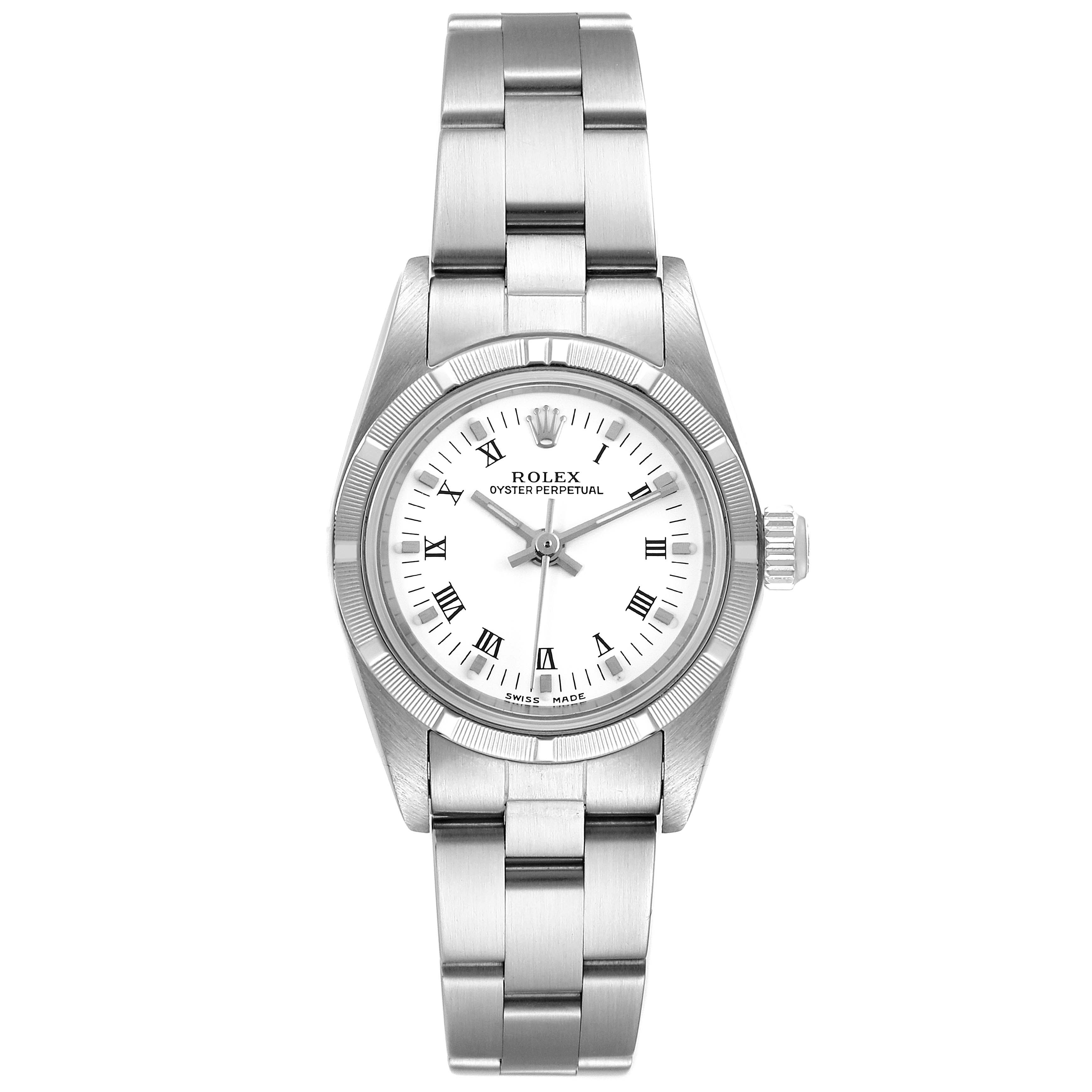 The image shows a front view of the Rolex Oyster Perpetual 76030 Women
s Stainless Steel White Dial 76030 Women
s Stainless Steel White Dial watch, including the face, bezel, and bracelet.