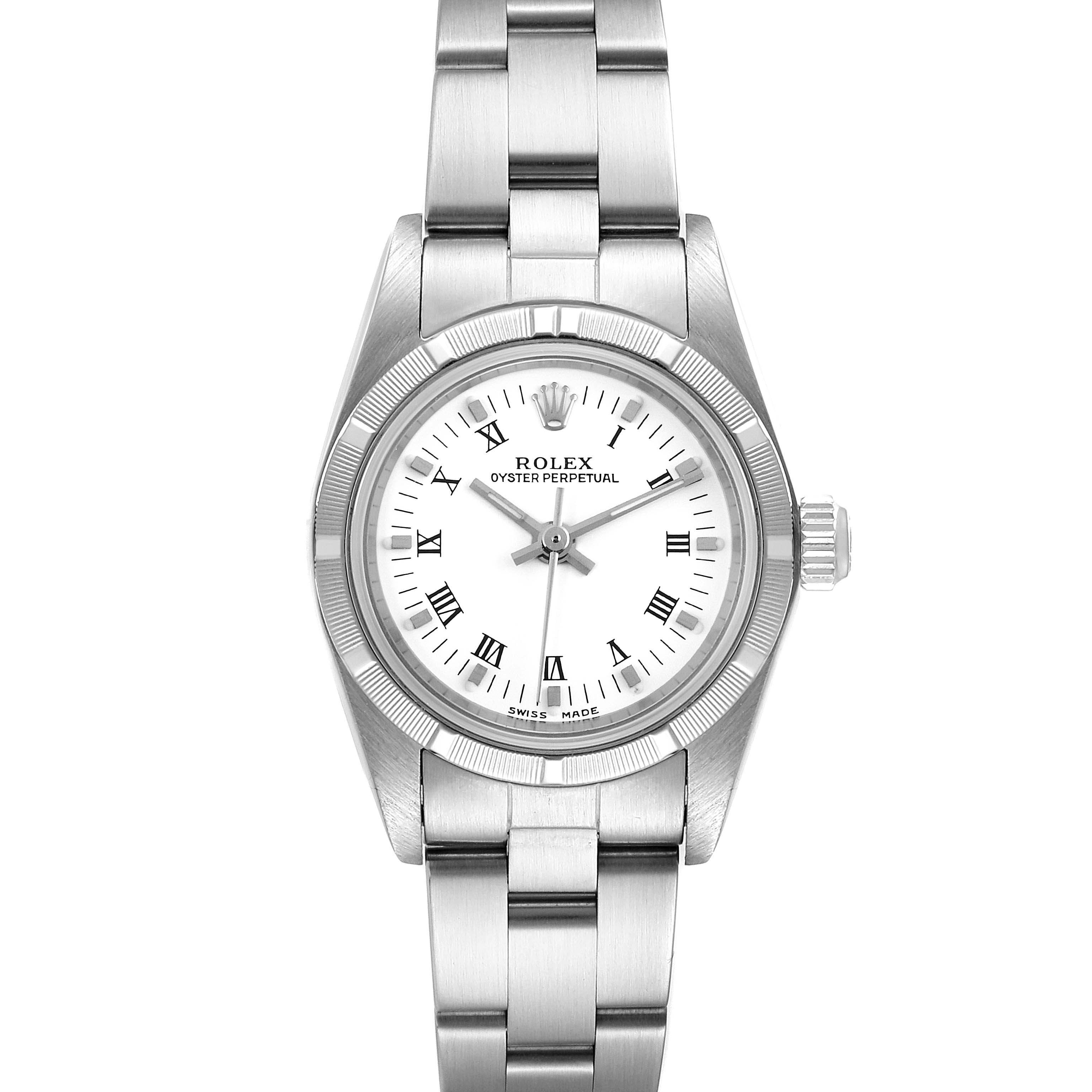 The image shows a front view of a Rolex Oyster Perpetual 76030 Women
s Stainless Steel White Dial 76030 Women
s Stainless Steel White Dial watch, highlighting its dial, bezel, crown, and stainless steel bracelet.
