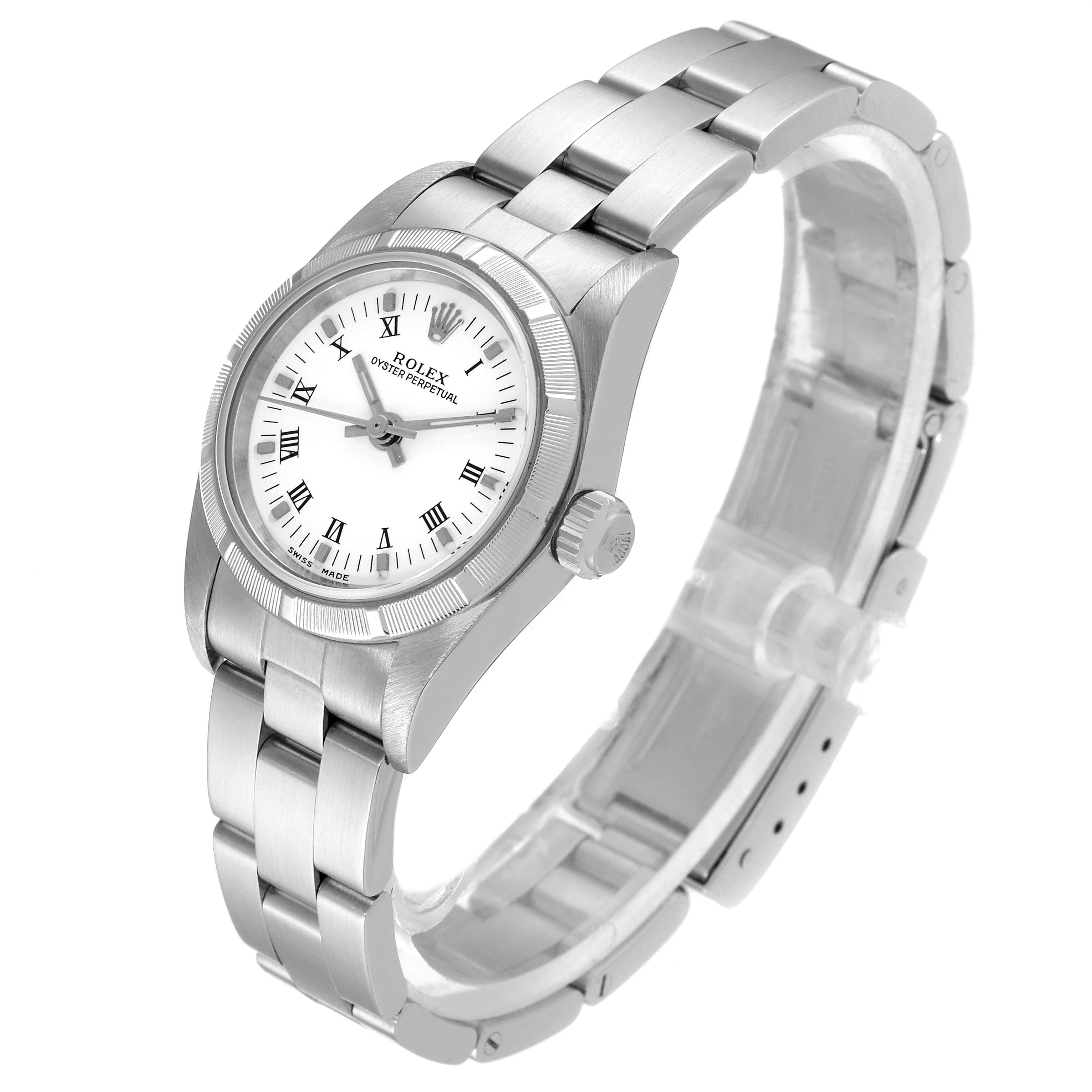 The image shows a Rolex Oyster Perpetual 76030 Women
s Stainless Steel White Dial 76030 Women
s Stainless Steel White Dial watch angled from above, highlighting the dial, bezel, and bracelet.