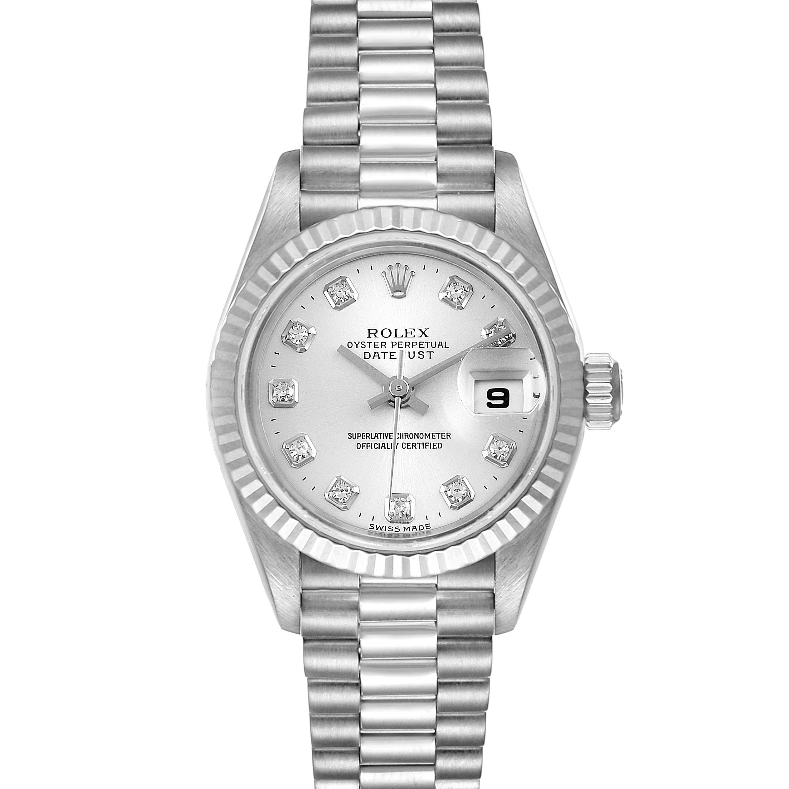 The image shows a front view of a Rolex President 79179 Women's White Gold Silver Dial 79179 Women's White Gold Silver Dial model watch, displaying its face, band, and date feature.