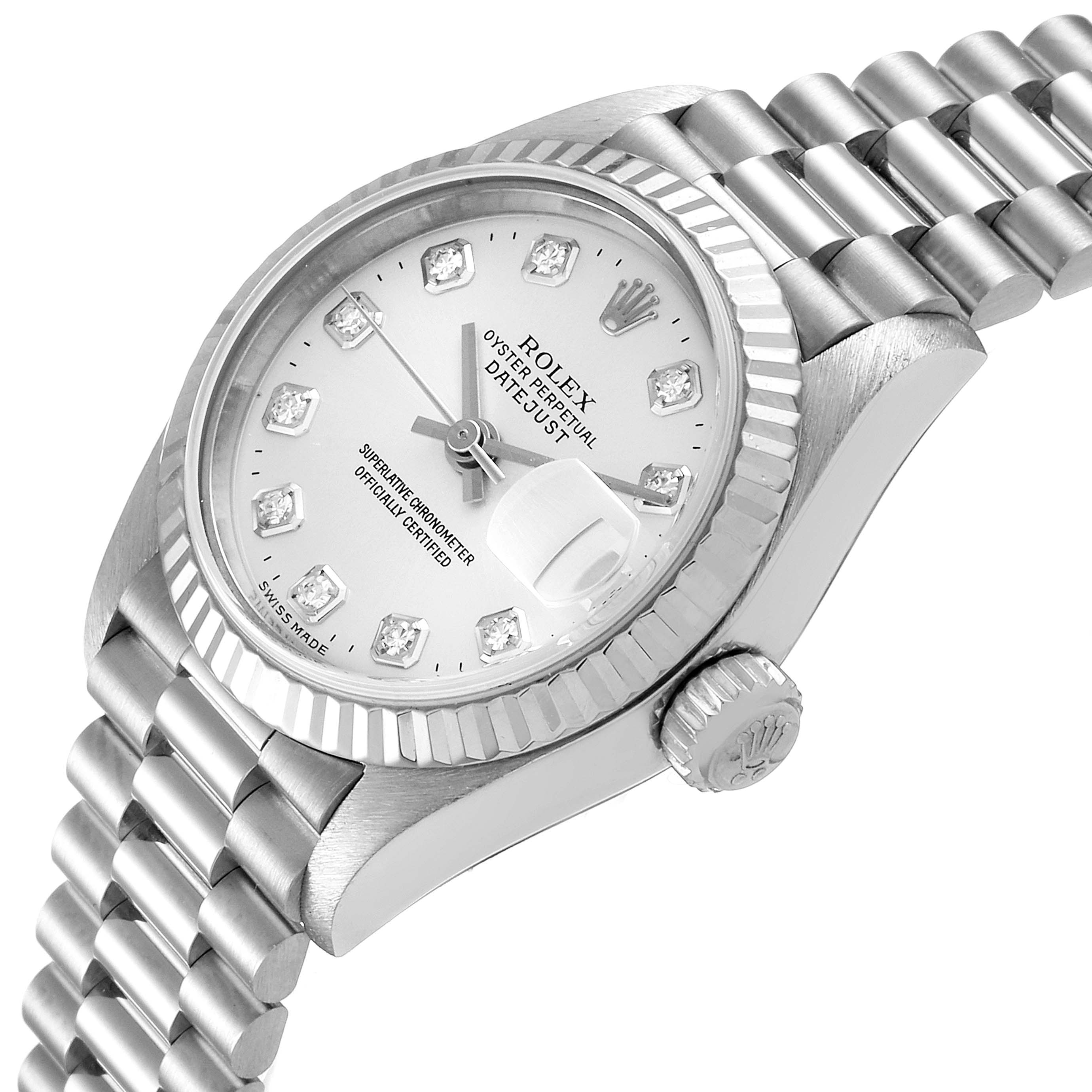 This is a close-up angle of the Rolex President 79179 Women's White Gold Silver Dial 79179 Women's White Gold Silver Dial model watch showing the dial, bezel, bracelet, and crown.