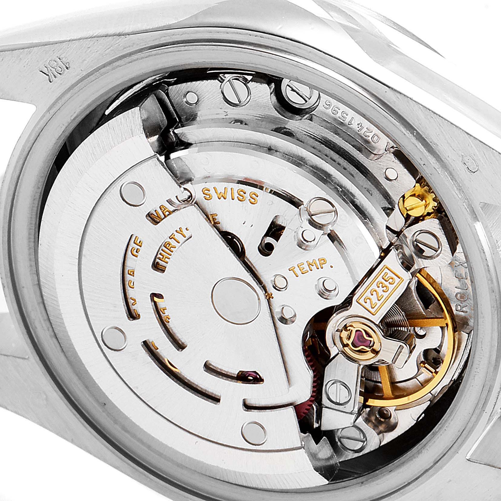 This image shows the movement and internal mechanism of a Rolex President 79179 Women's White Gold Silver Dial 79179 Women's White Gold Silver Dial model watch from a close-up angle.