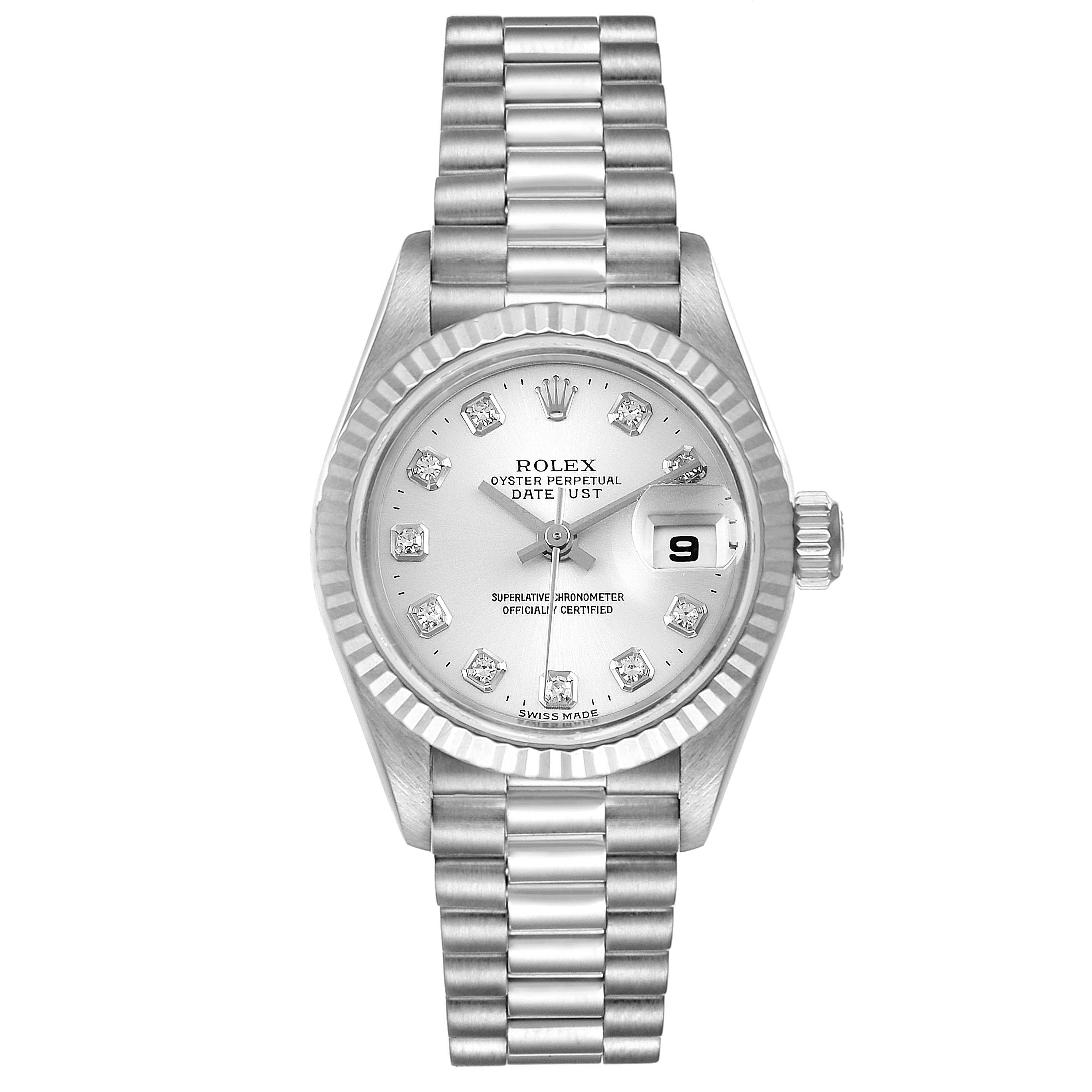 The image shows a Rolex President 79179 Women's White Gold Silver Dial 79179 Women's White Gold Silver Dial model watch, featuring a silver dial, fluted bezel, and President bracelet, viewed from the front.