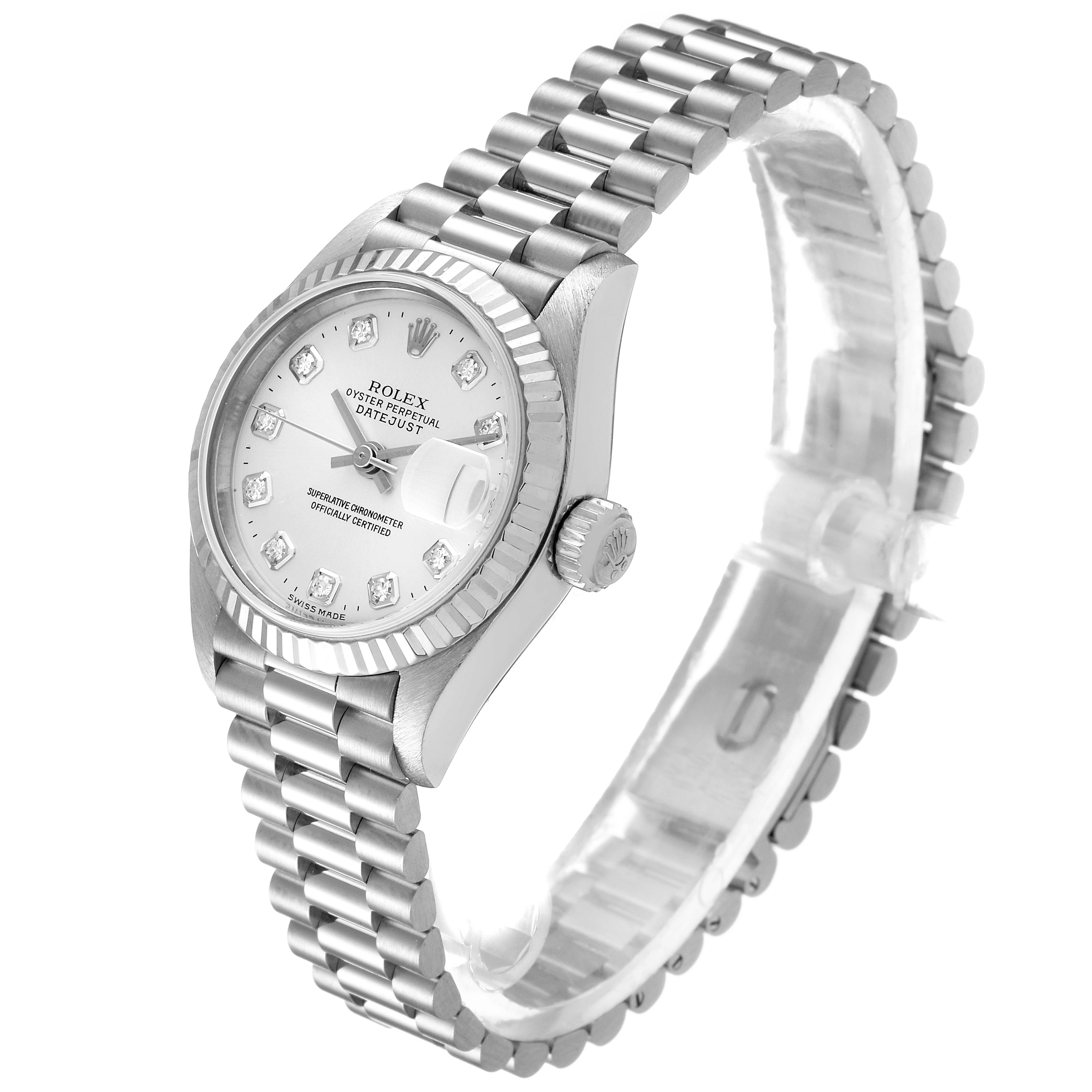 The image shows a Rolex President 79179 Women's White Gold Silver Dial 79179 Women's White Gold Silver Dial watch from a 3/4 front angle, featuring the face, bezel, crown, and bracelet.