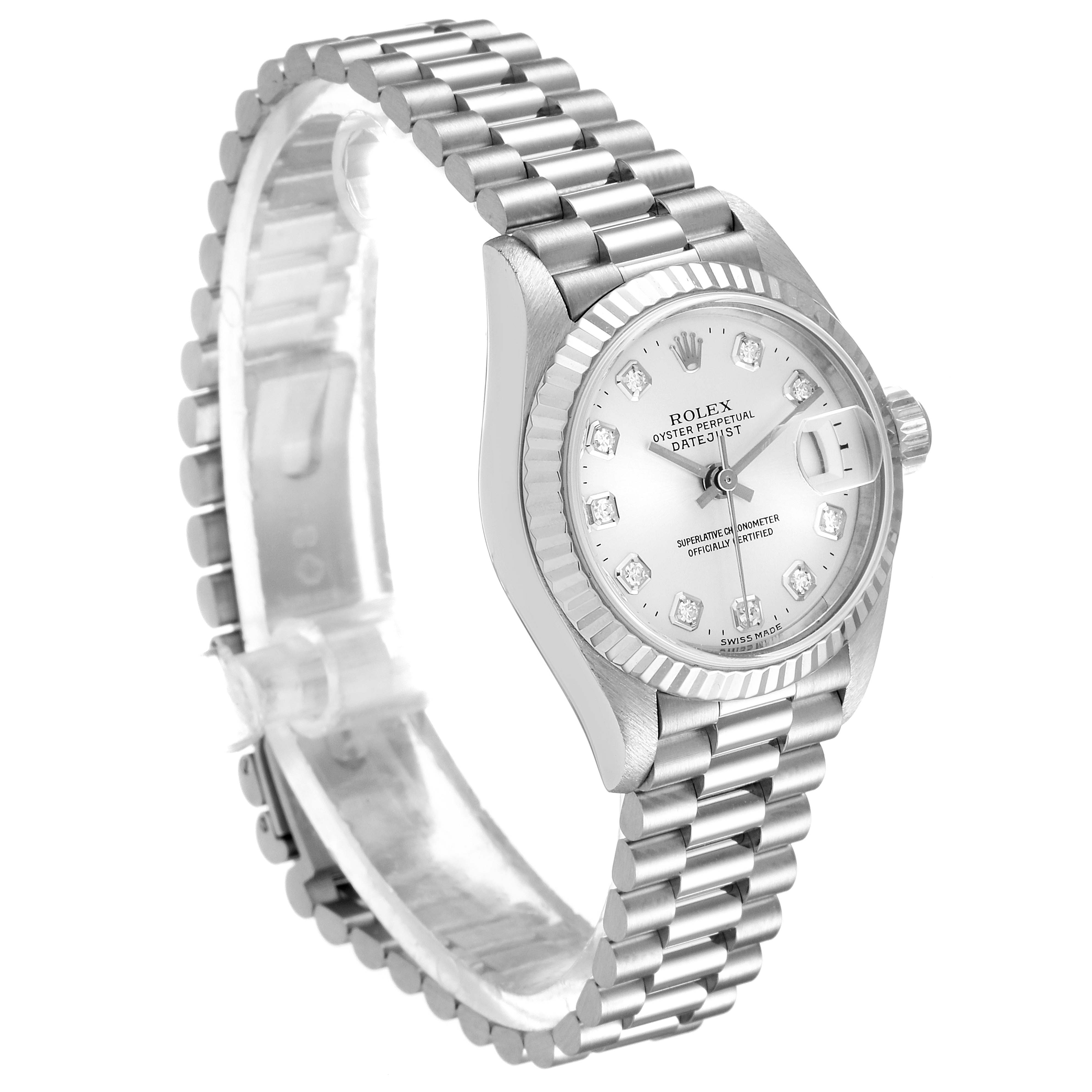 The image shows a side view of a Rolex President 79179 Women's White Gold Silver Dial 79179 Women's White Gold Silver Dial model watch, highlighting its bracelet, bezel, and dial.