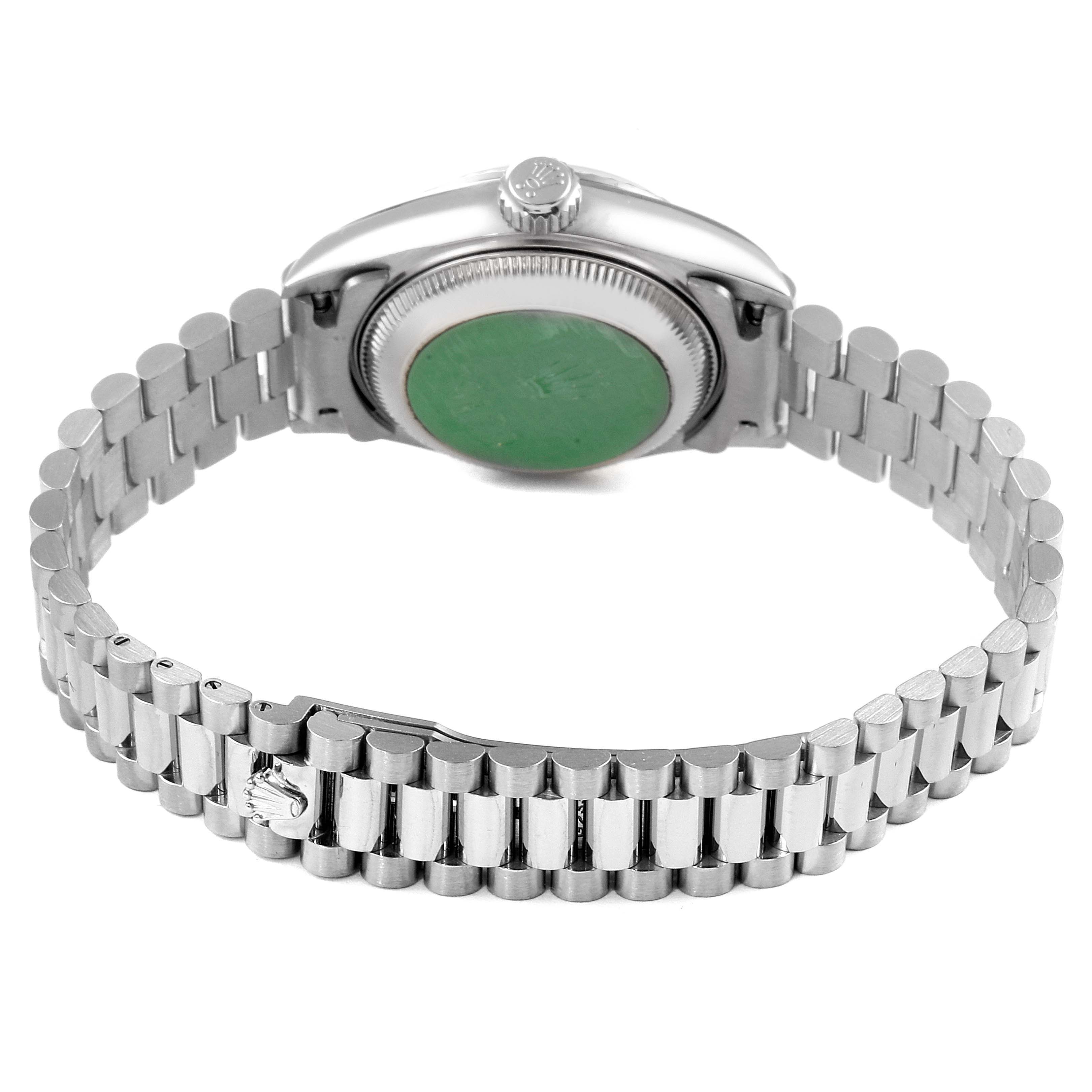 The image shows the back view of a Rolex President 79179 Women's White Gold Silver Dial 79179 Women's White Gold Silver Dial model watch, focusing on the bracelet and case back.