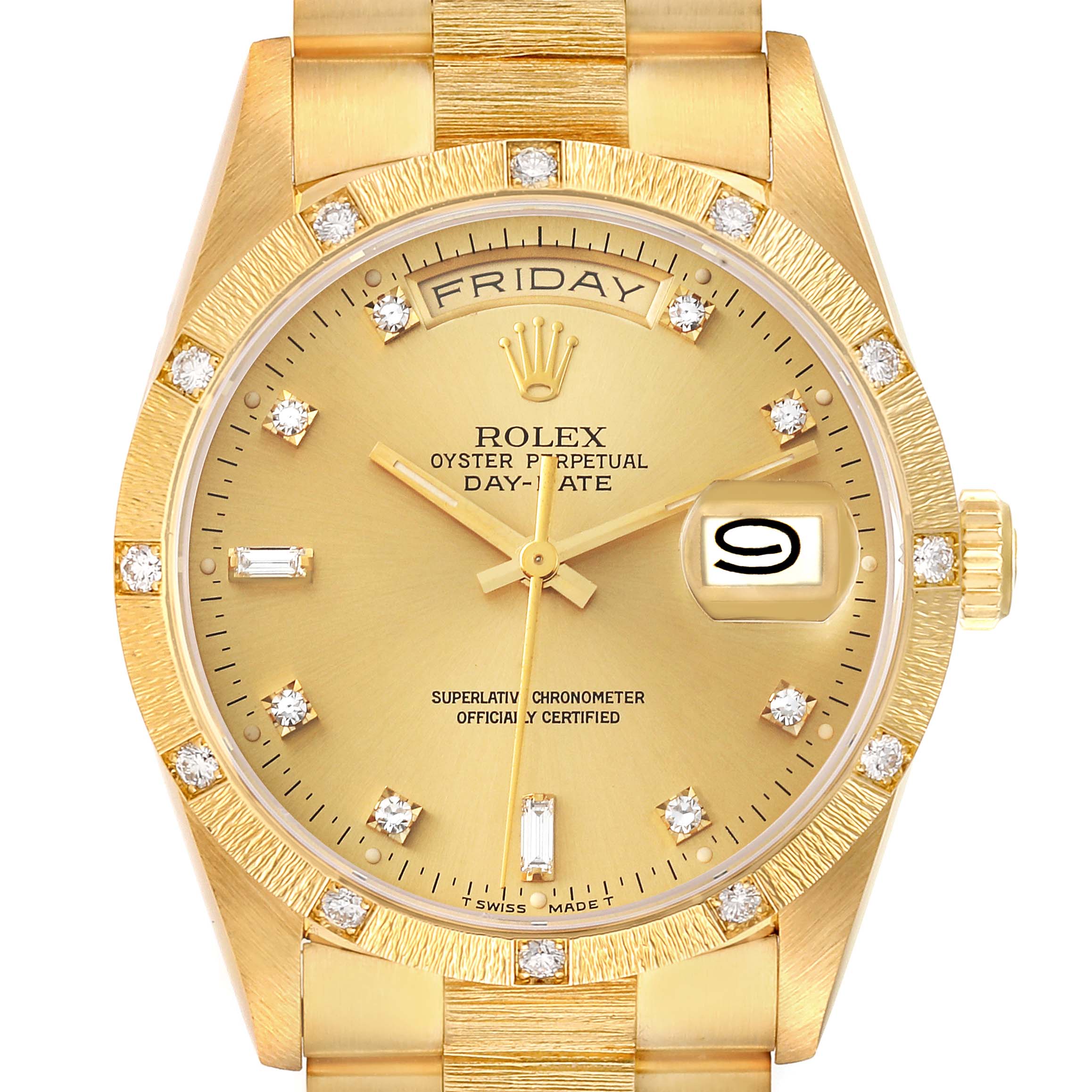 This is a close-up view of a Rolex President 18308 Men's Yellow Gold Champagne Dial 18308 Men's Yellow Gold Champagne Dial model watch showcasing its face, bezel, and part of the band.