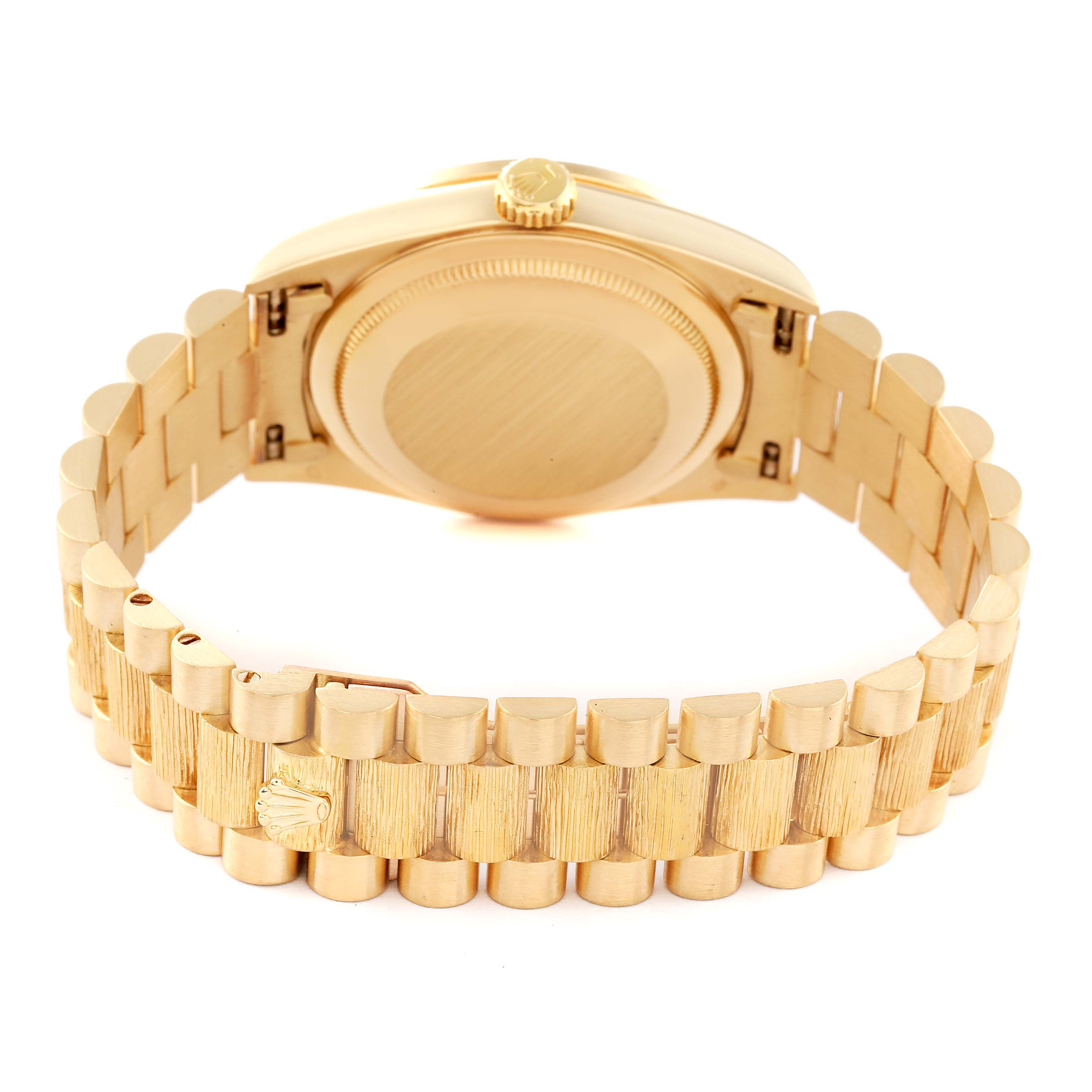 The image shows the back and bracelet of a Rolex President 18308 Men's Yellow Gold Champagne Dial 18308 Men's Yellow Gold Champagne Dial model watch from a rear angle.