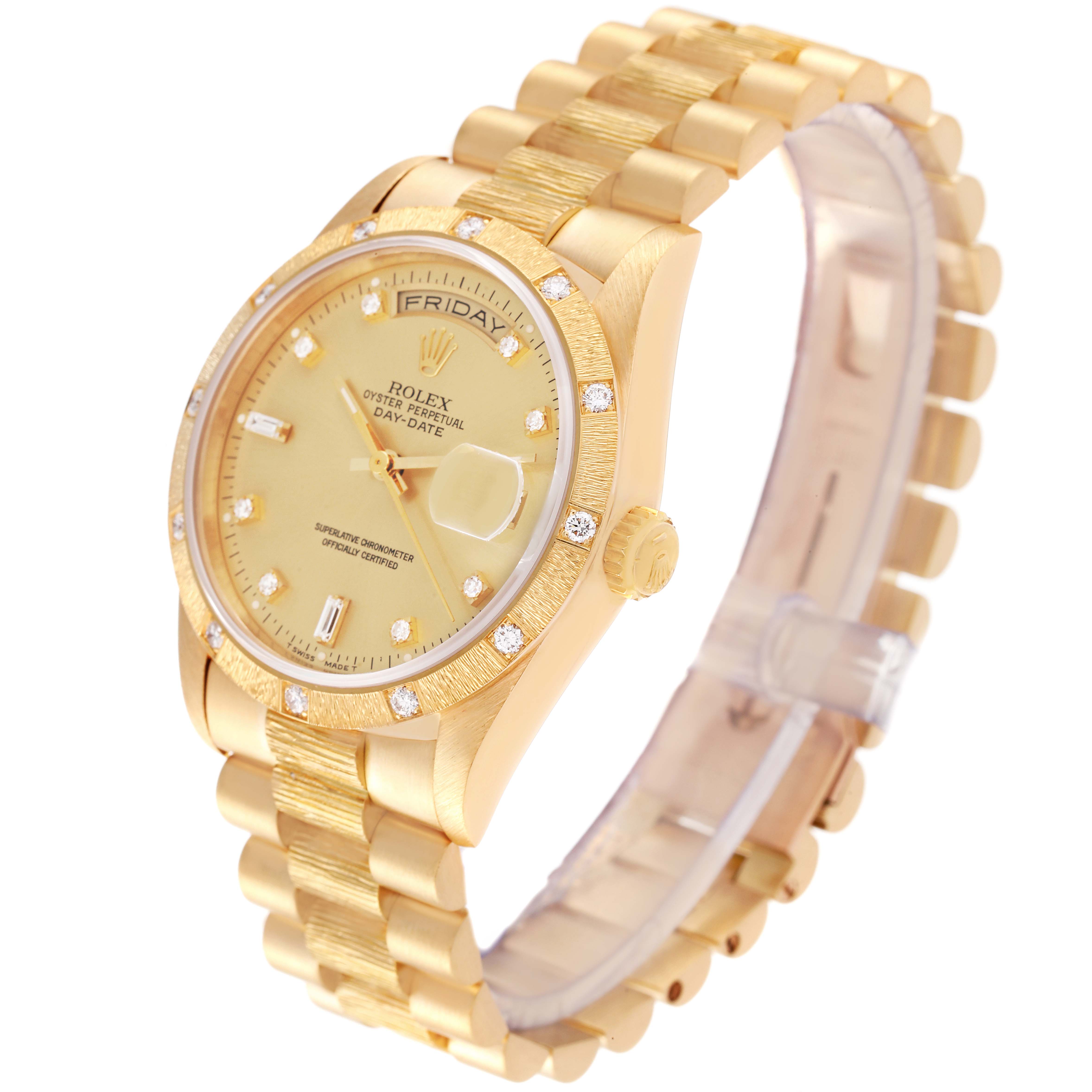 The image shows a side angle view of a Rolex President 18308 Men's Yellow Gold Champagne Dial 18308 Men's Yellow Gold Champagne Dial model watch, highlighting its gold bracelet and diamond bezel.