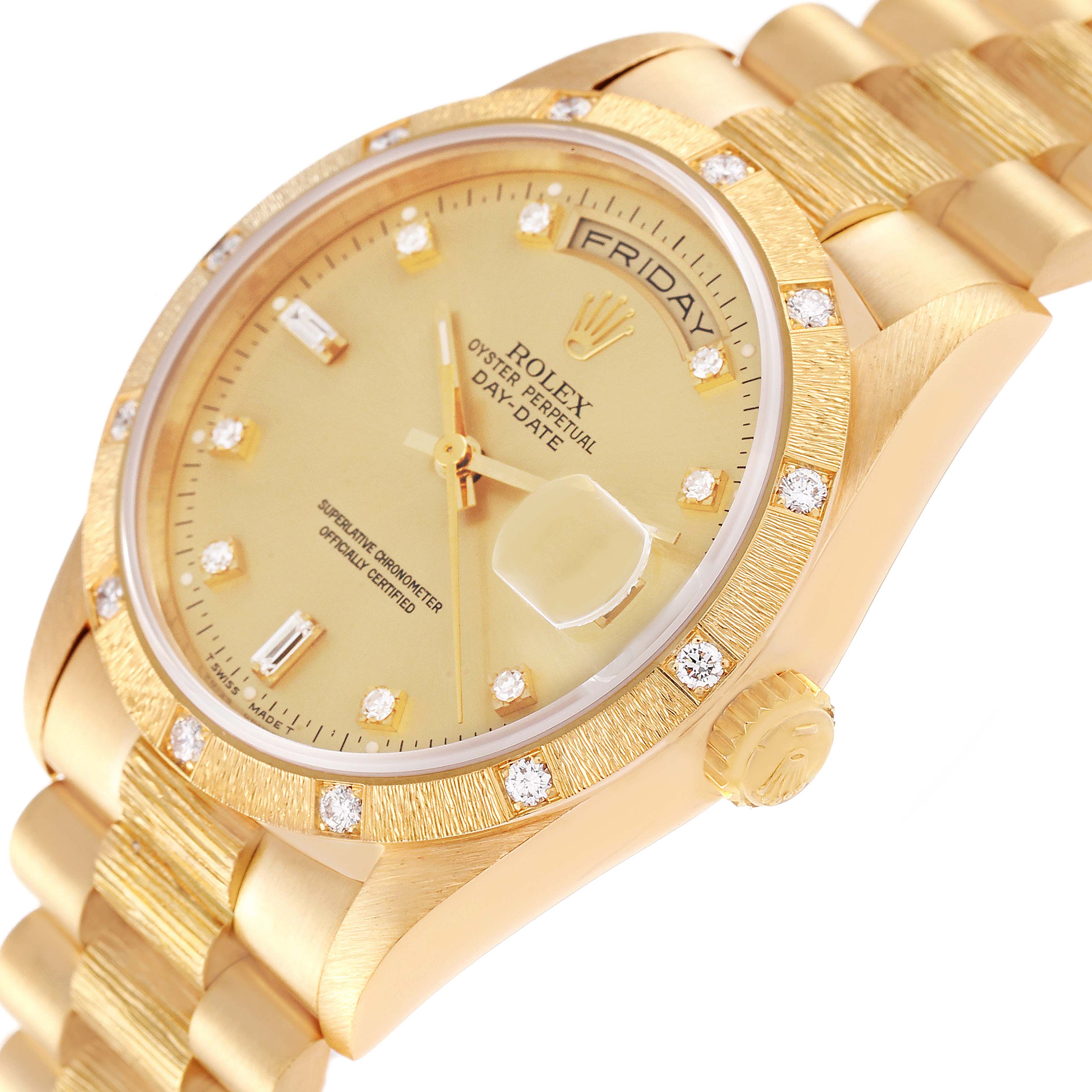 This image shows a close-up of the dial, bezel, and part of the bracelet of a Rolex President 18308 Men's Yellow Gold Champagne Dial 18308 Men's Yellow Gold Champagne Dial model watch.