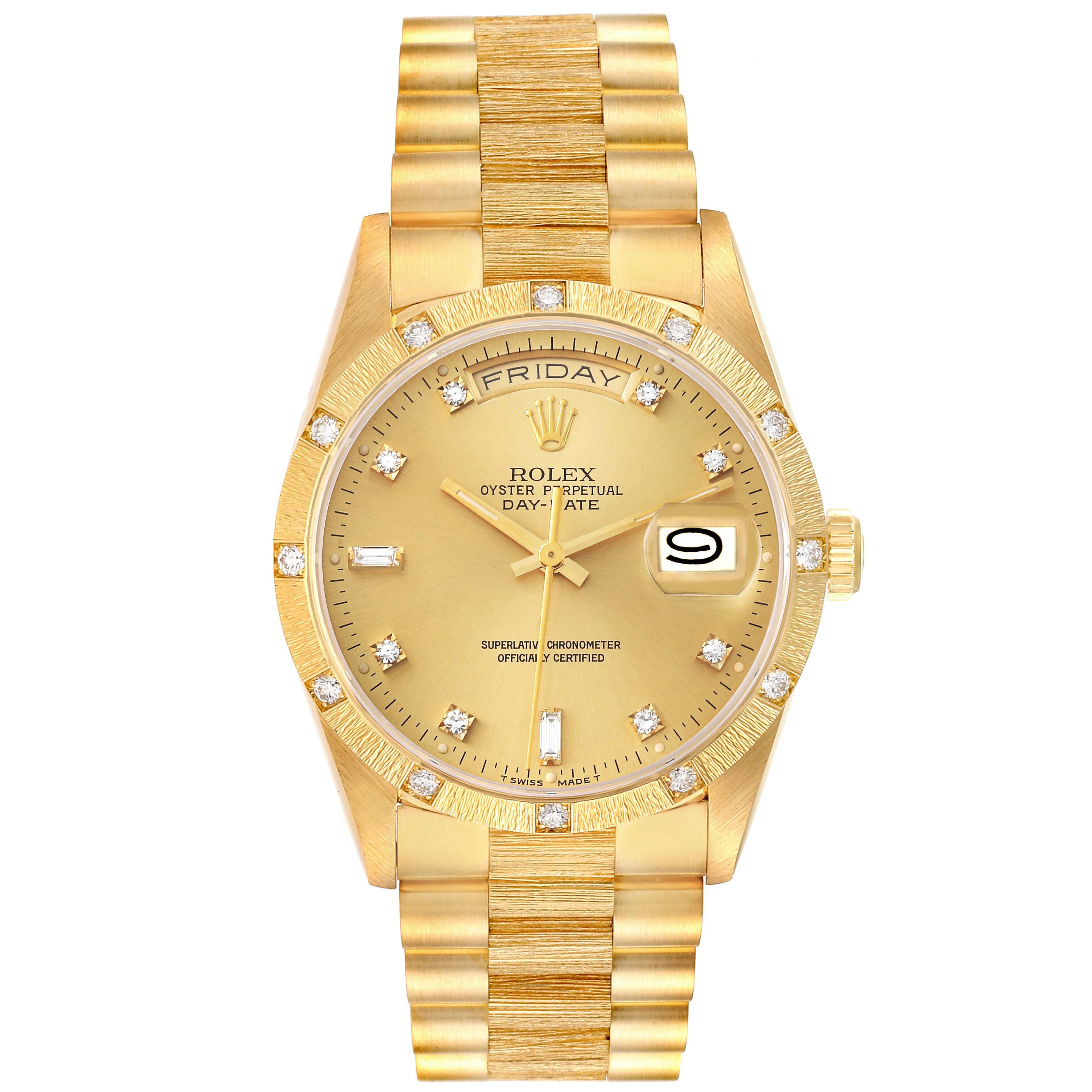 The image shows a Rolex President 18308 Men's Yellow Gold Champagne Dial 18308 Men's Yellow Gold Champagne Dial model watch, featuring a gold band, diamond markers, and day/date displays from a top-down angle.